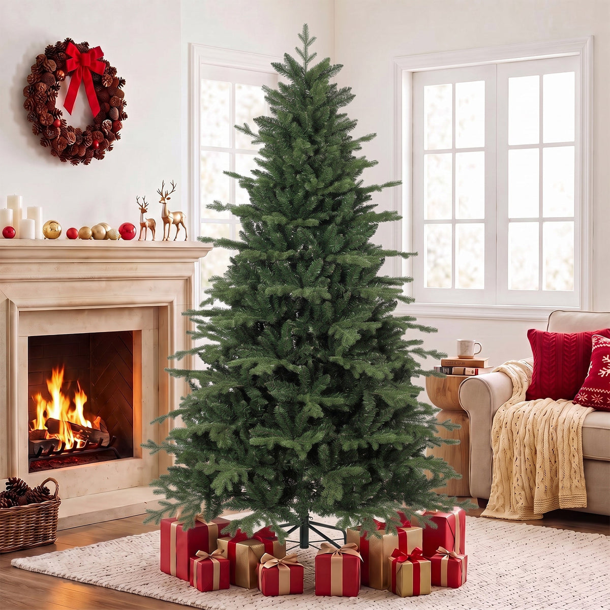 7ft Artificial Christmas Tree with 2080 Realistic Tips, Hinged Xmas Tree with Wide Shape, Foldable Metal Base for Home Office Holiday Decoration, Green