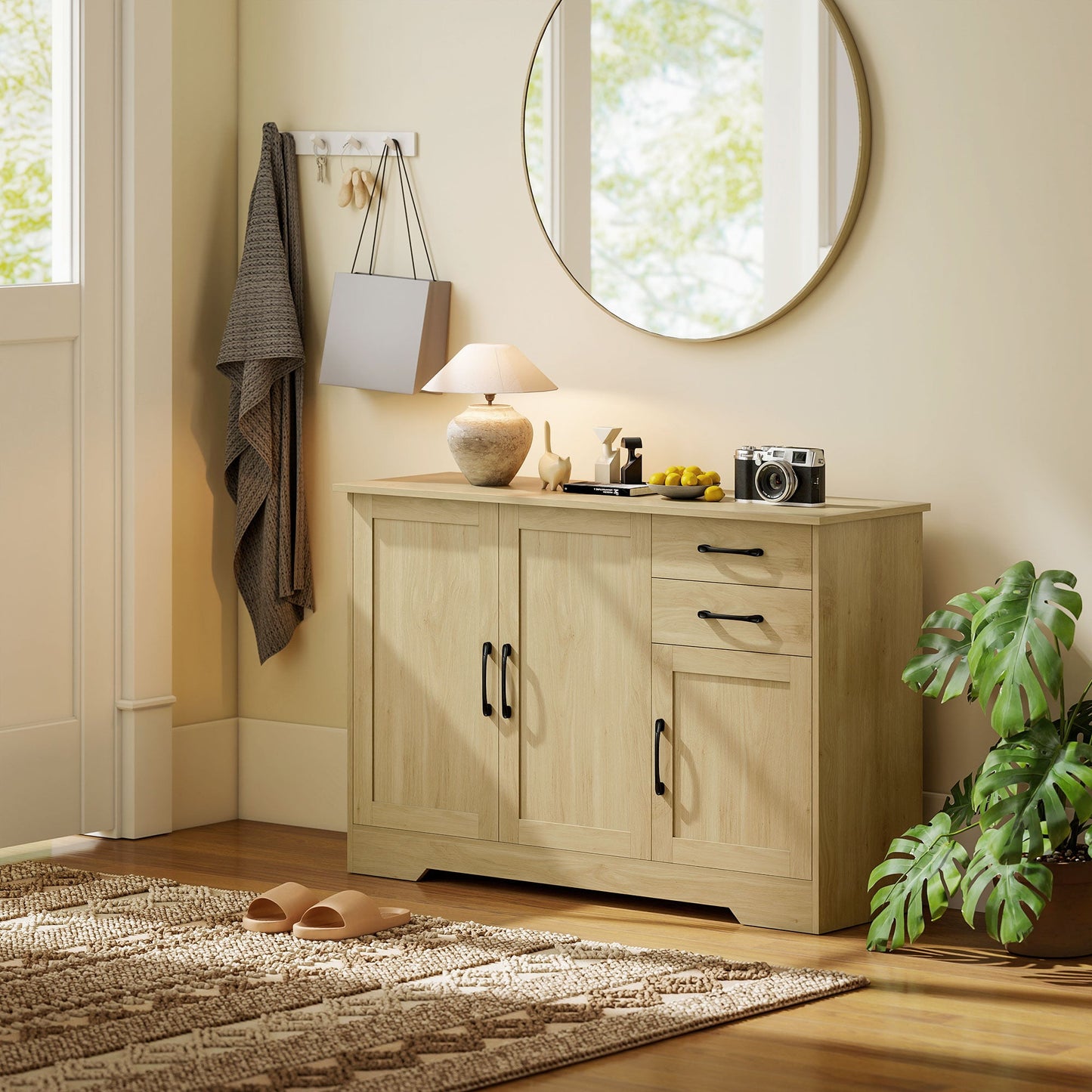 Sideboard with Soft-Close Doors, Modern Storage Cabinet, Kitchen Cupboard with 2 Drawers, Adjustable Shelf and 3 Doors for Dining Room, Living Room, Natural Wood Finish
