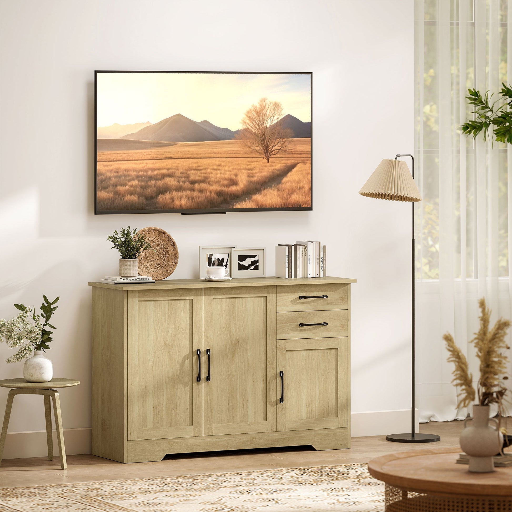 Sideboard with Soft-Close Doors, Modern Storage Cabinet, Kitchen Cupboard with 2 Drawers, Adjustable Shelf and 3 Doors for Dining Room, Living Room, Natural Wood Finish