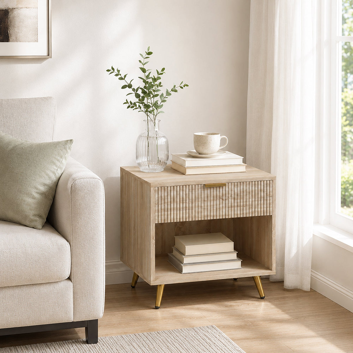 Bedside Table, Bedside Cabinet With Drawer and Open Compartment, Nightstand With Handle for Bedroom, Living Room, Natural Wood Finish