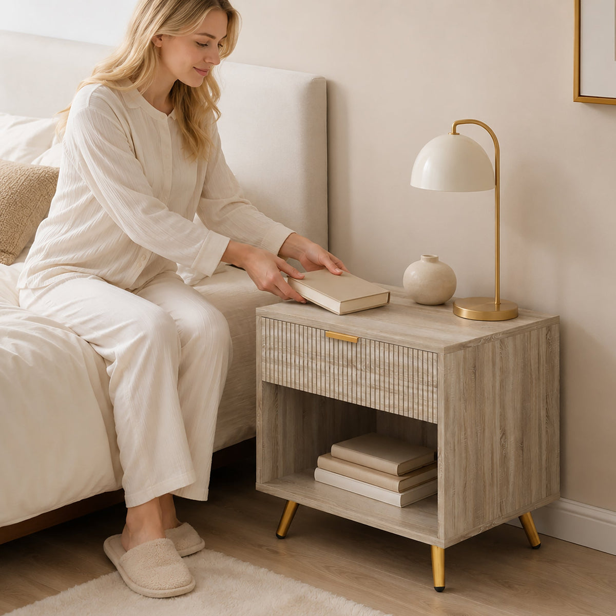 Bedside Table, Bedside Cabinet With Drawer and Open Compartment, Nightstand With Handle for Bedroom, Living Room, Natural Wood Finish