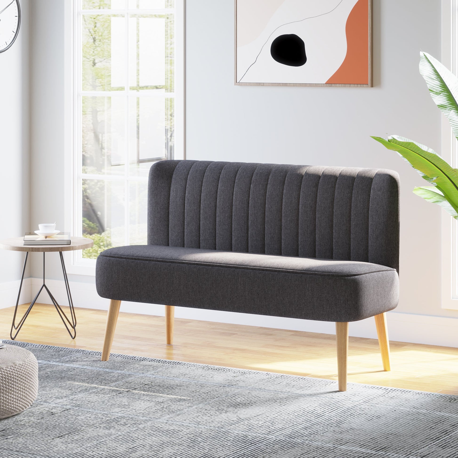 HOMCOM Modern Double Seat Sofa Loveseat Couch 2 Seater Compact Sofa Padded Linen Wood Leg Dark Grey