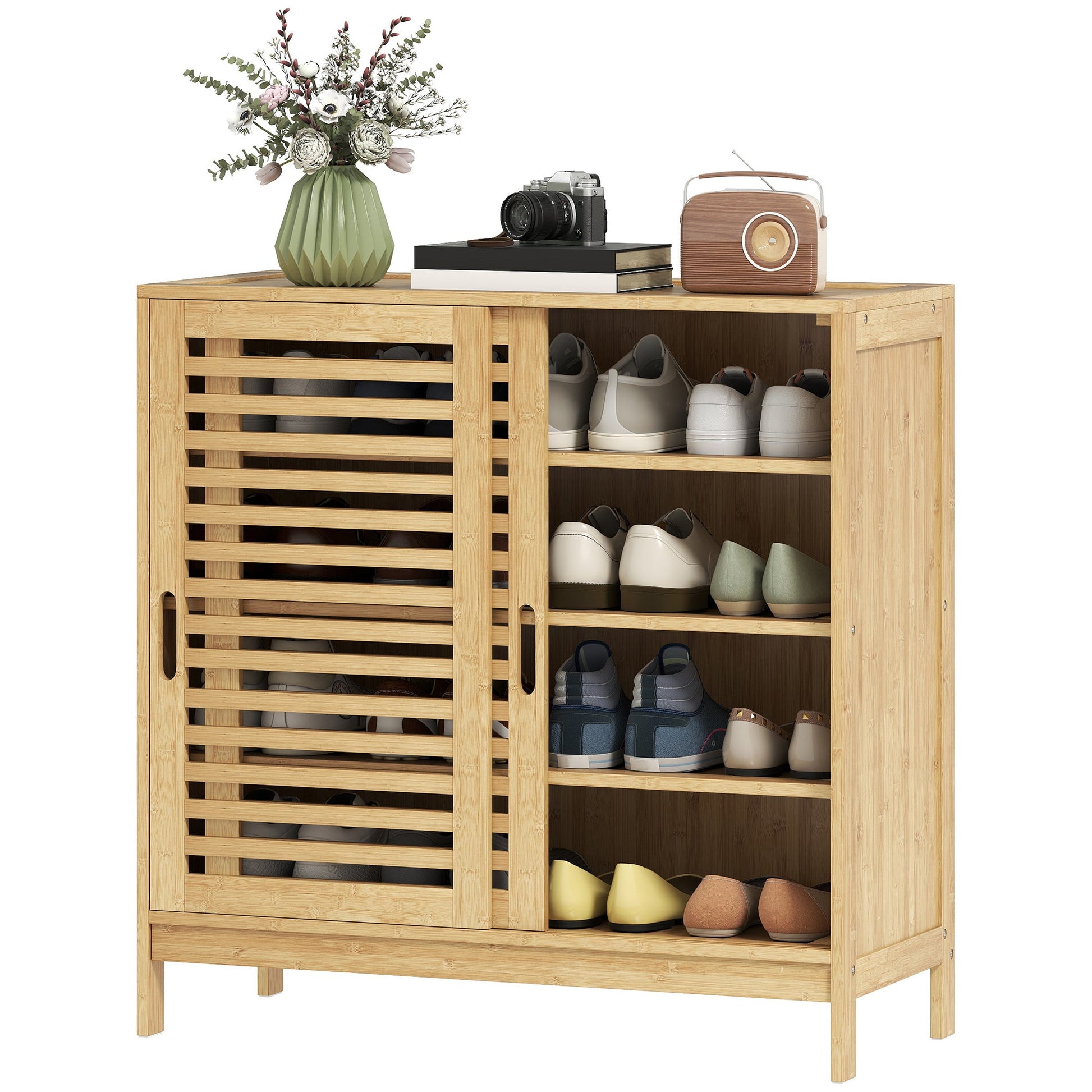 Bamboo Shoe Cabinet with 2 Sliding Slat Doors, 16Pairs Hallway Shoe Cupboard with Adjustable Shelves, Entryway Storage Unit, Natural