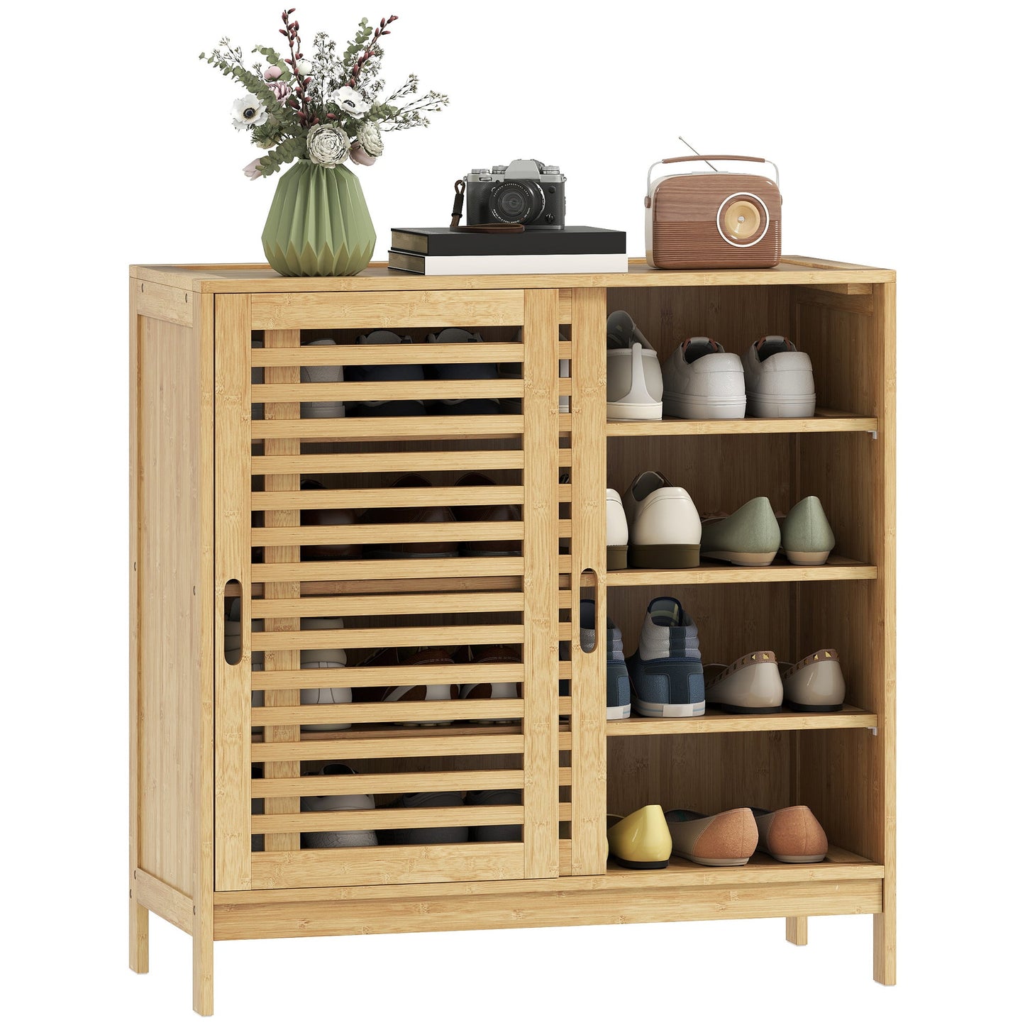 Bamboo Shoe Cabinet with 2 Sliding Slat Doors, 16Pairs Hallway Shoe Cupboard with Adjustable Shelves, Entryway Storage Unit, Natural