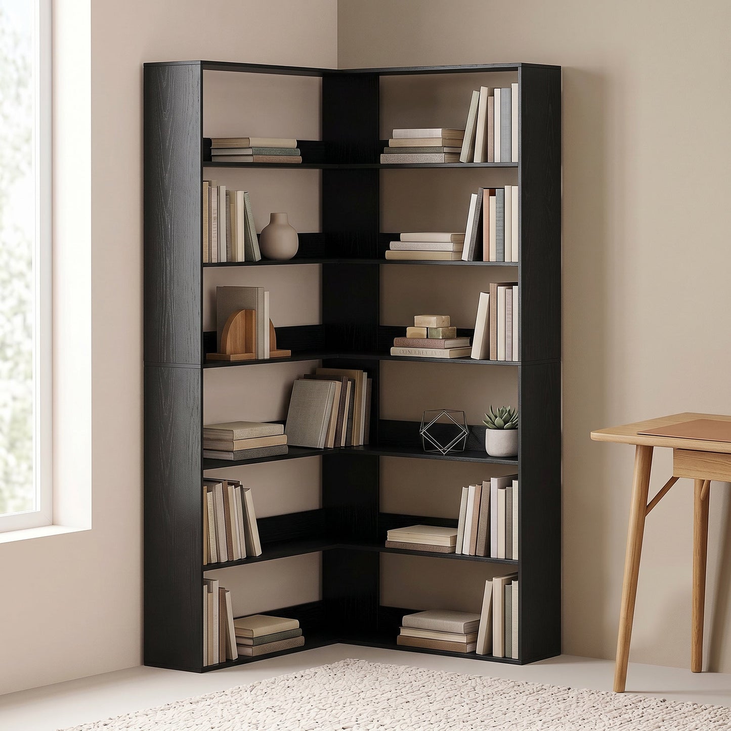 7 Tiers Corner Bookshelf, L-Shaped Bookcase with Anti-Slip Rear Guard, Storage Shelves for Living Room, Bedroom and Home Office, 90W x 90D x 180H cm, Black Wood Effect
