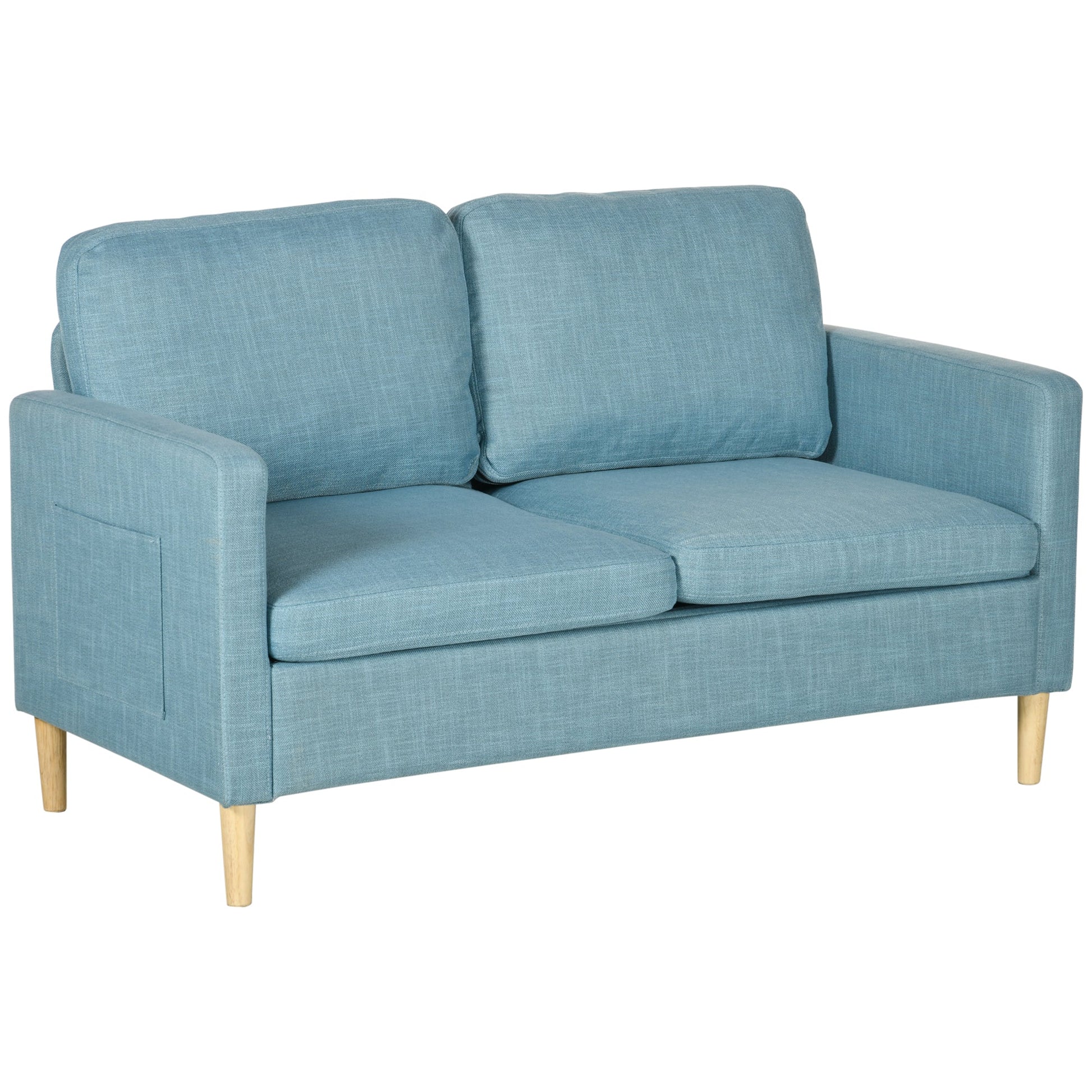 HOMCOM Two Seater Sofa for Living Room, Modern Fabric Couch with Wood Legs and 2 Pockets for Bedroom and Home Office, Blue