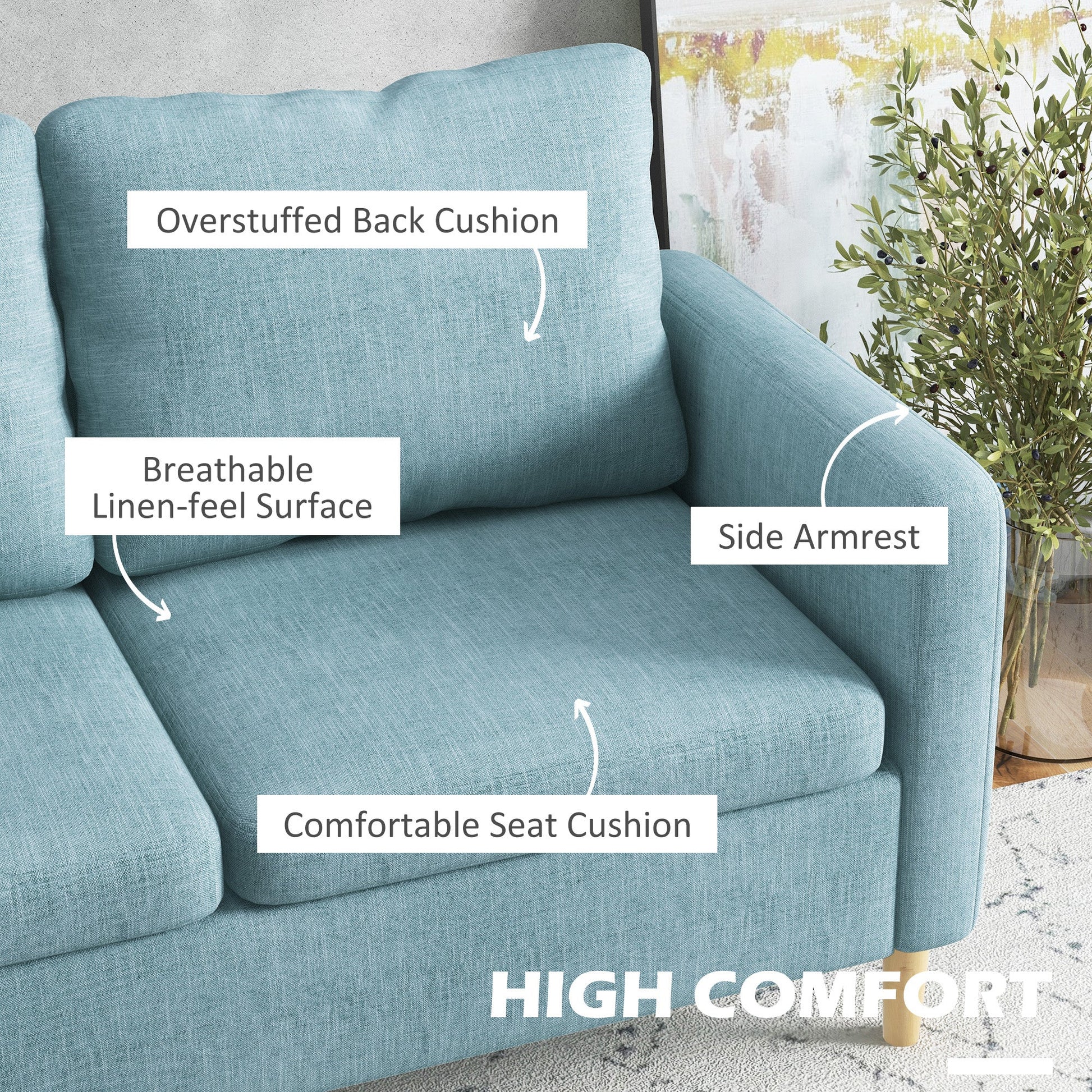 HOMCOM Two Seater Sofa for Living Room, Modern Fabric Couch with Wood Legs and 2 Pockets for Bedroom and Home Office, Blue