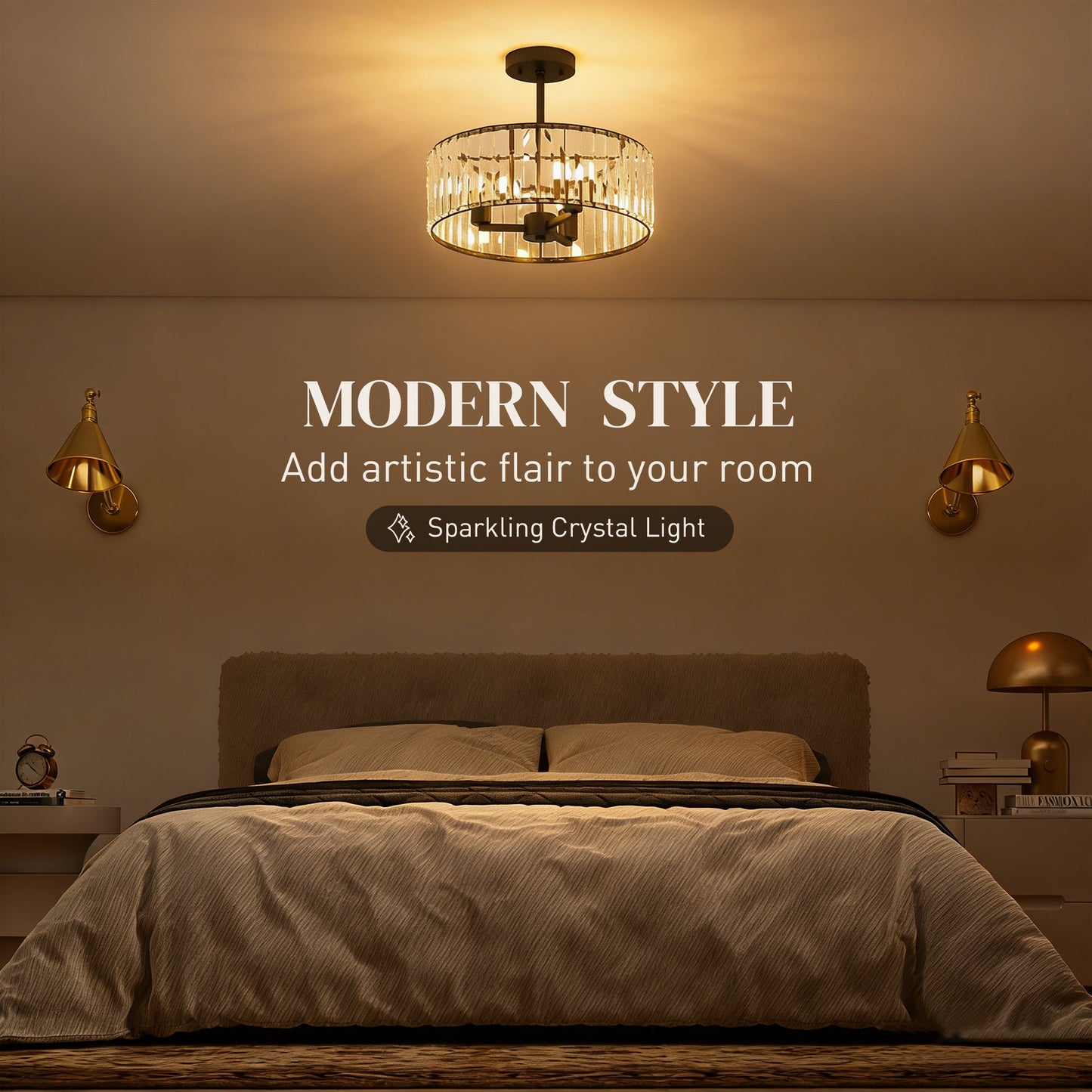 Crystal Ceiling Light Fixture, Semi Flush Mount Modern Crystal Chandelier Ceiling Light for Living Room, Bedroom, Hallway, Dining Room, E14 Base 3-Lights, Bulbs Not Included, Black