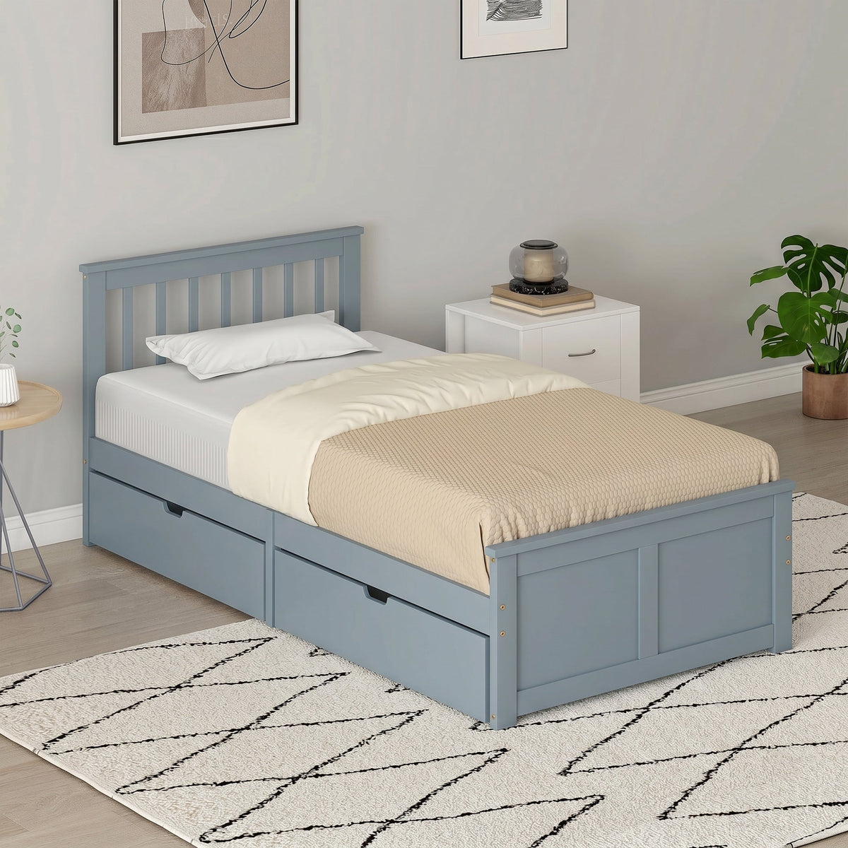 3ft Single Solid Wooden Bed Frame, Pine Storage Bed with Drawers, Headboard, Wood Slat Support, No Box Spring Needed, Easy Assembly, 90 x 190 cm, Grey