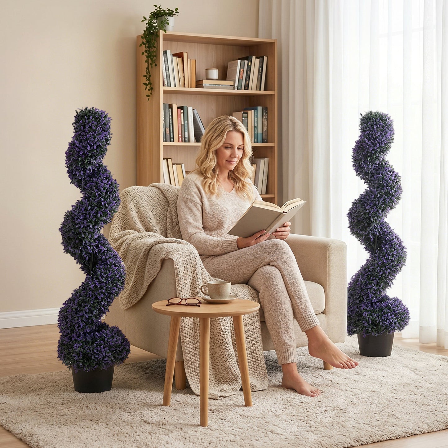 Set of 2 Decorative Artificial Plants, 120cm Artificial Boxwood Spiral Topiary Tree with 840 Leaves, UV Resistant, Indoor Outdoor Fake Plants in Pot for Home Office Living Room Decor, Purple