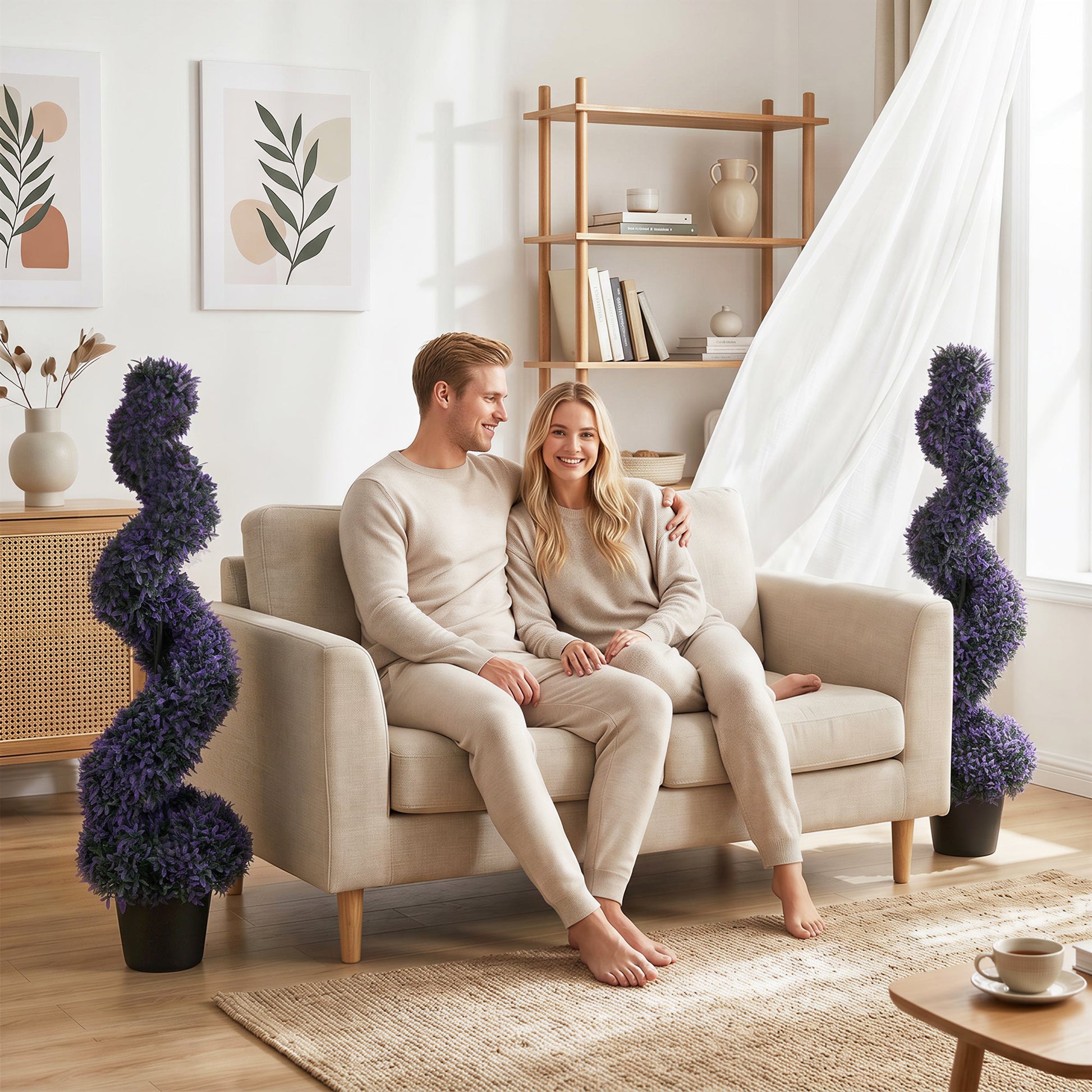Set of 2 Decorative Artificial Plants, 120cm Artificial Boxwood Spiral Topiary Tree with 840 Leaves, UV Resistant, Indoor Outdoor Fake Plants in Pot for Home Office Living Room Decor, Purple