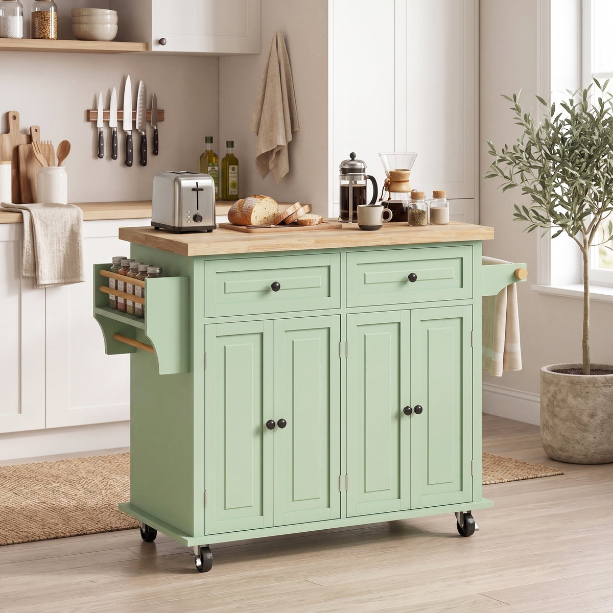 Kitchen Island on Wheels, Rolling Kitchen Storage Trolley with Rubber Wood Top, Drawers, Adjustable Shelves, Towel and Spice Rack for Dining Room, Light Green