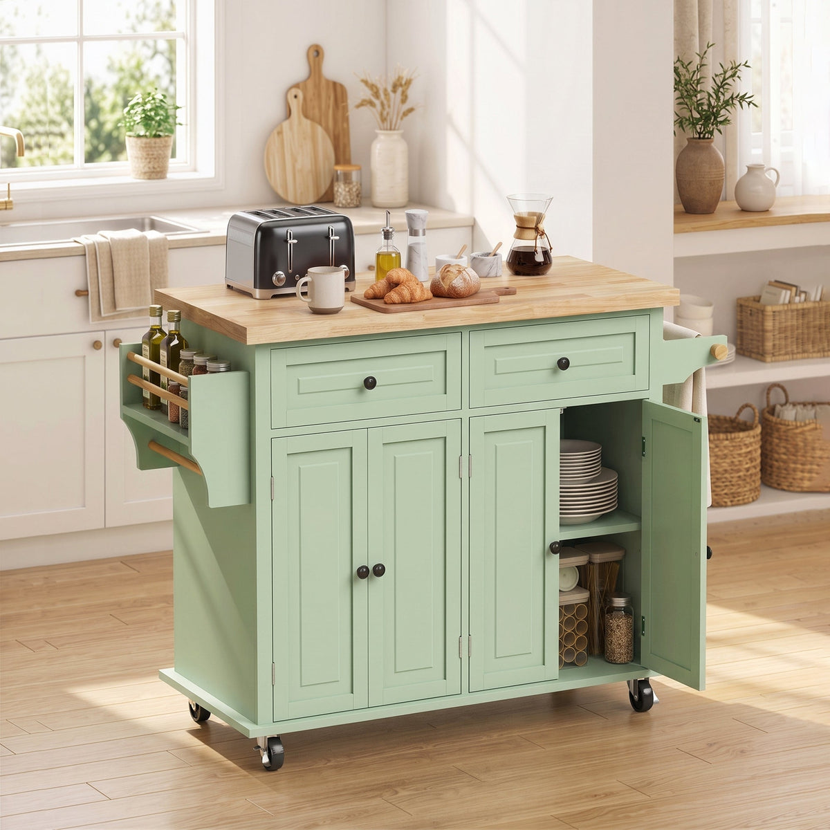 Kitchen Island on Wheels, Rolling Kitchen Storage Trolley with Rubber Wood Top, Drawers, Adjustable Shelves, Towel and Spice Rack for Dining Room, Light Green