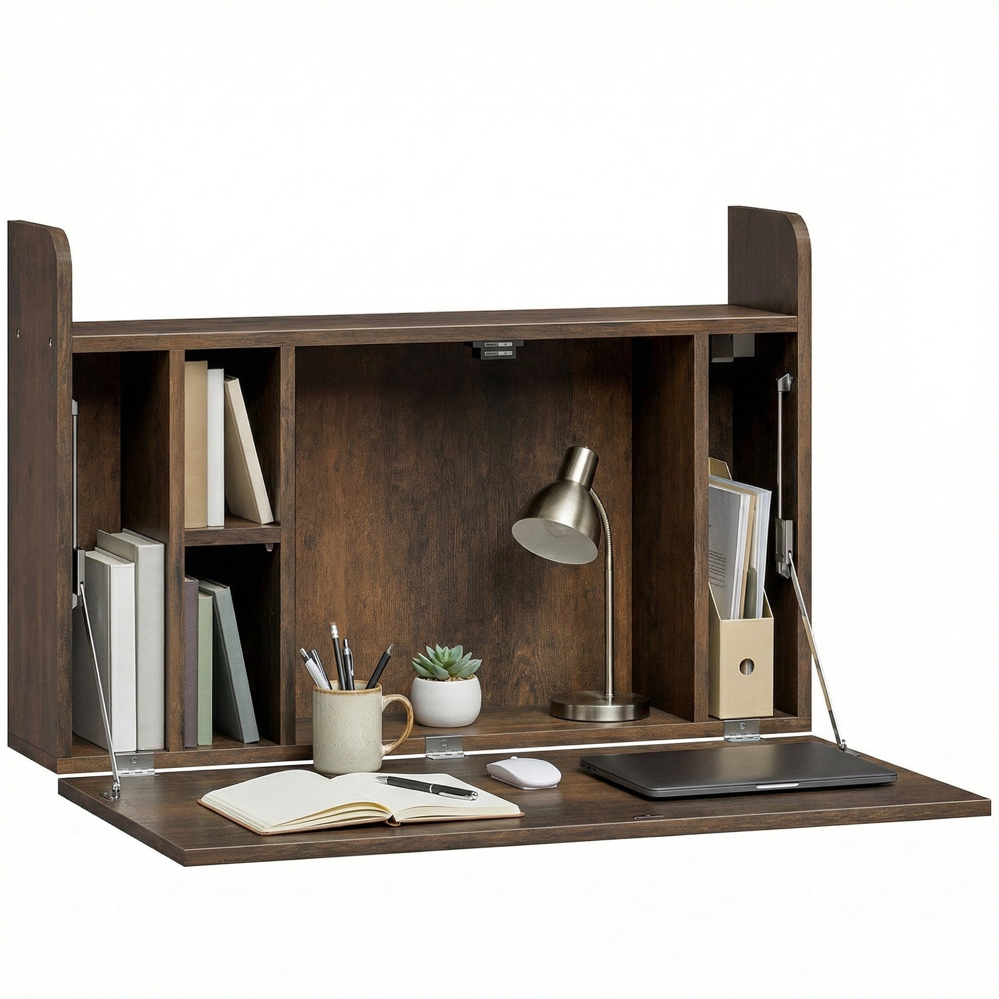 Wall Mounted Desk, Drop Leaf Floating Laptop Desk with Space Saving Storage Compartments for Home Office and Study, 77cm x 20cm x 51cm, Dark Brown