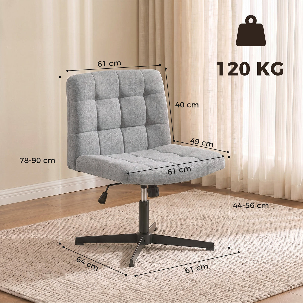 Armless Office Chair, Cross Legged Linen Computer Desk Vanity Chair with Wide Seat, Rocking Function, Swivel, Adjustable Height for Home Office, Study, Bedroom, Makeup, Grey