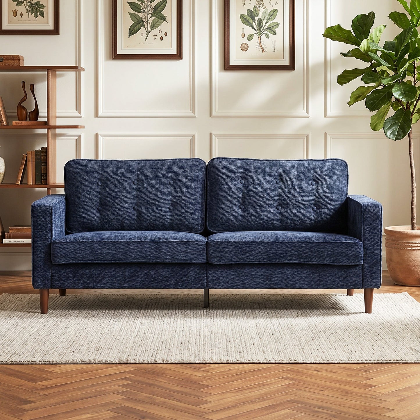 3 Seater Sofa, Upholstered Small Couch for Bedroom, Modern Futon Sofa Settee with Padded Cushion, Button Tufting and Wood Legs for Living Room, Dark Blue