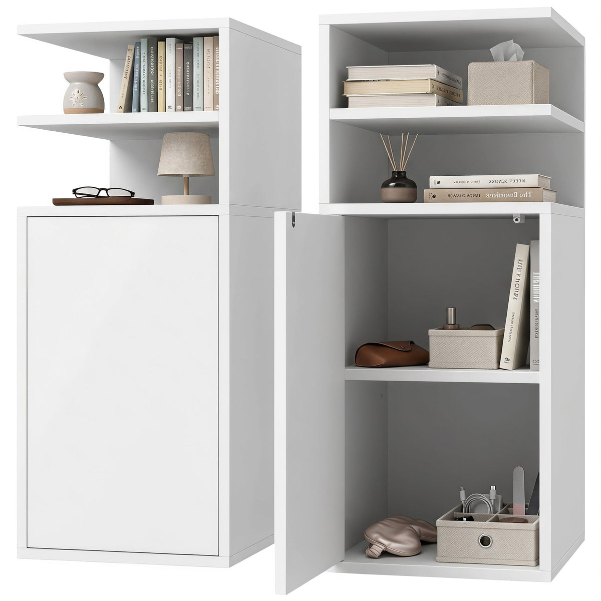 Slim Bedside Table Set of 2, Narrow Bedside Cabinet with Open Cubbies and Cupboard, Side End Table for Bedroom Living Room Compact Nooks, 30 x 25 x 60 cm, White