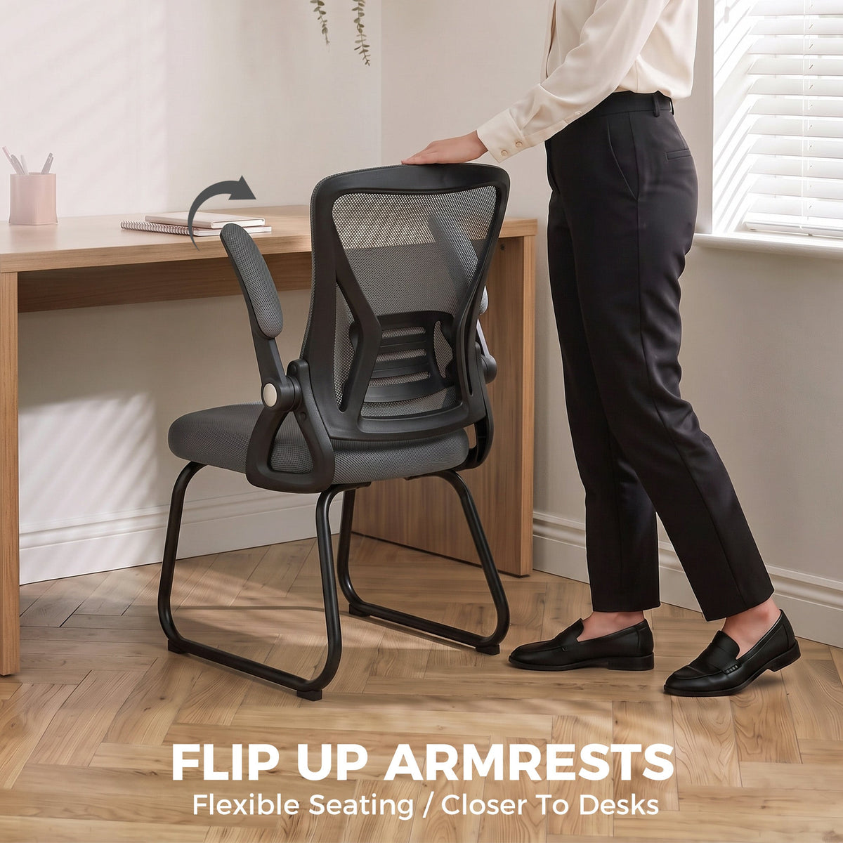 Desk Chair No Wheels with Flip-up Armrests, Mesh Office Chair with Steel Legs for Home Conference Room, Bedroom, Waiting, Reception, Dark Grey