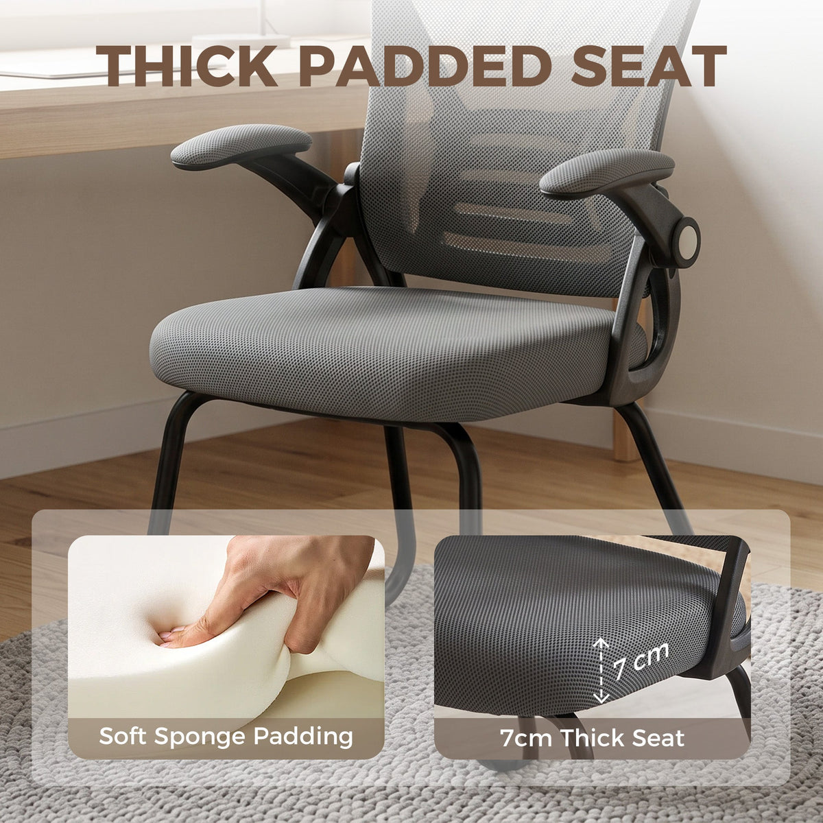 Desk Chair No Wheels with Flip-up Armrests, Mesh Office Chair with Steel Legs for Home Conference Room, Bedroom, Waiting, Reception, Dark Grey