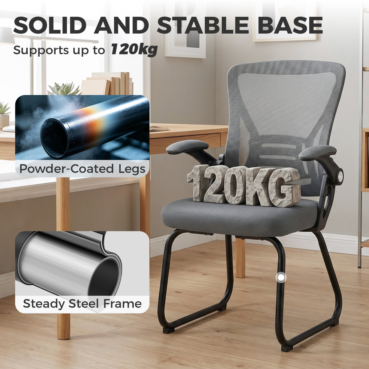 Desk Chair No Wheels with Flip-up Armrests, Mesh Office Chair with Steel Legs for Home Conference Room, Bedroom, Waiting, Reception, Dark Grey