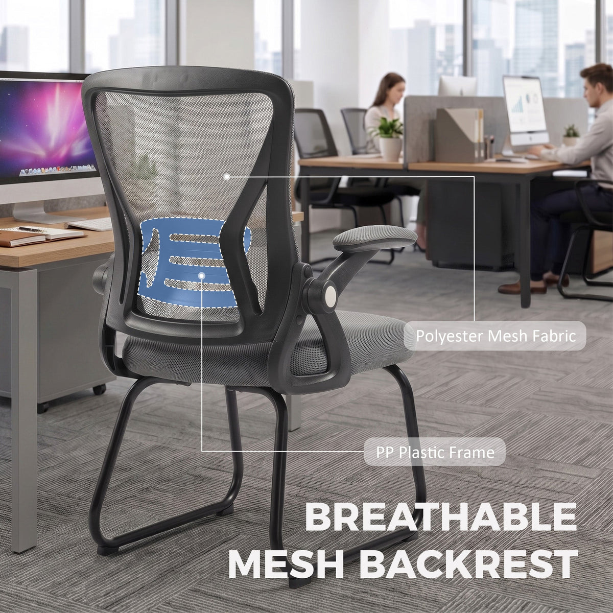 Desk Chair No Wheels with Flip-up Armrests, Mesh Office Chair with Steel Legs for Home Conference Room, Bedroom, Waiting, Reception, Dark Grey