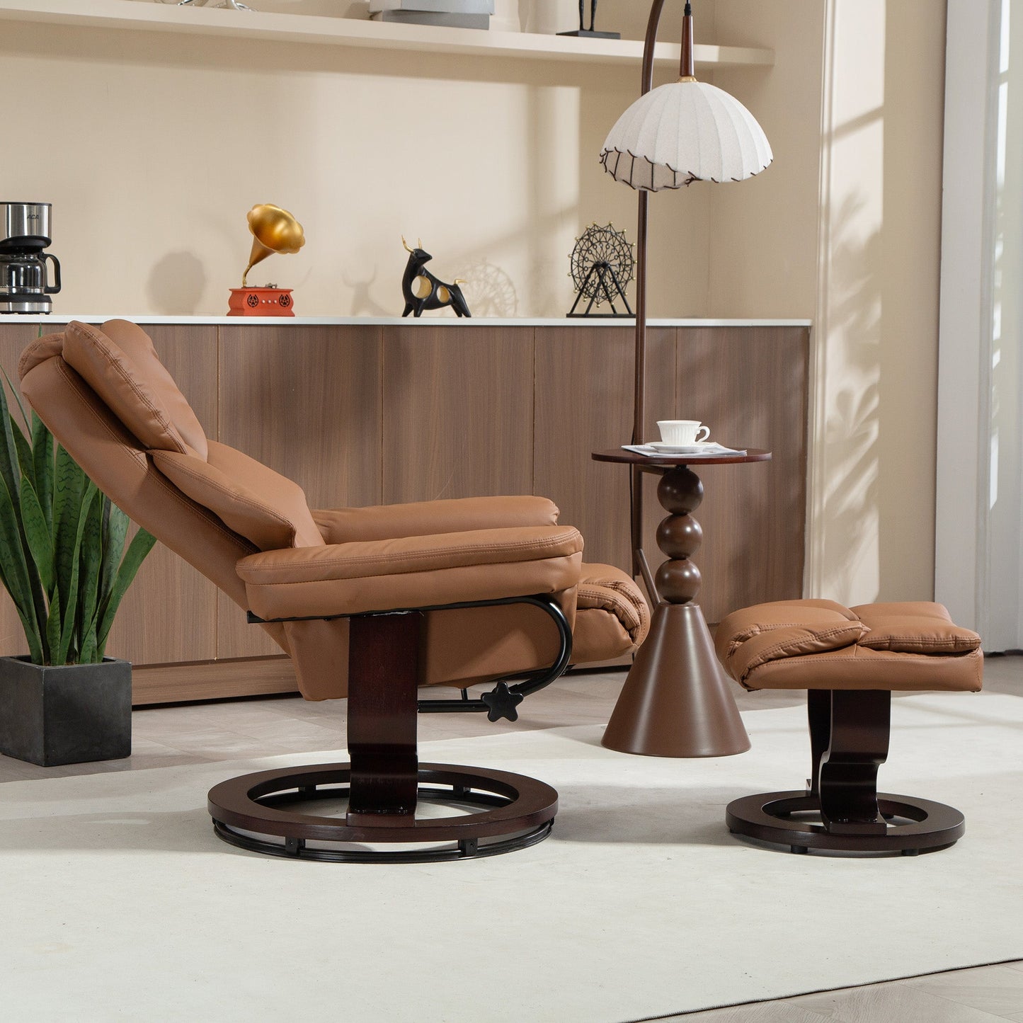 360° Swivel Recliner Chair with Footstool, PU Leather Manual Recliner Armchair with Footstool, Solid Wood Base, Upholstered Reclining Chair for Living Room, Bedroom, Office, Brown
