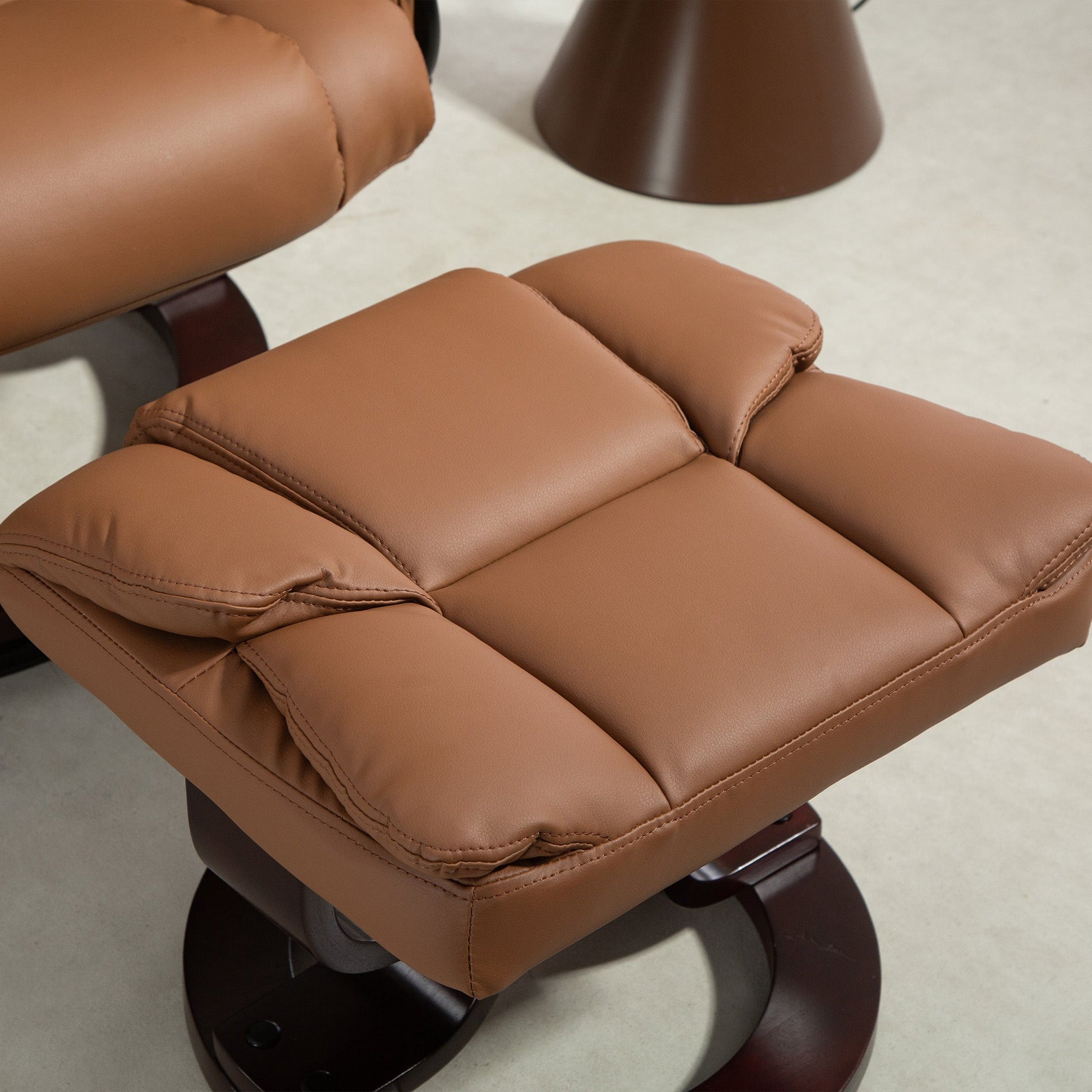 360° Swivel Recliner Chair with Footstool, PU Leather Manual Recliner Armchair with Footstool, Solid Wood Base, Upholstered Reclining Chair for Living Room, Bedroom, Office, Brown