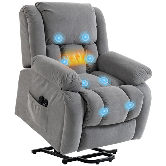 Recliner Armchair Lift Chair with Vibration Massage and Heat, Velvet-feel Fabric Electric Riser Recliner Chair for Elderly with Wide Seat, USB Port, Side Pockets for Living Room, Light Grey