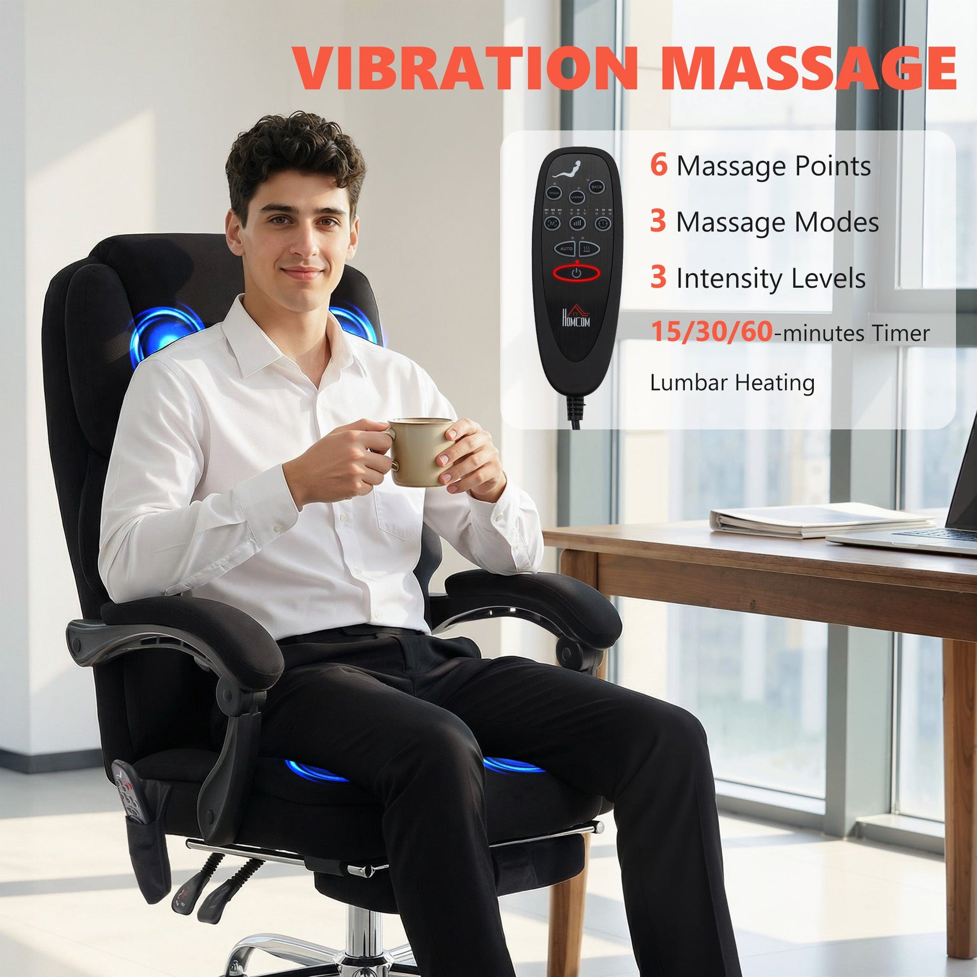 Office Chair with 6-point Vibration Massage and Heat, Velvet-feel Fabric Desk Chair with Footrest, Linkage Armrests, High Back, Adjustable Height, 135° Reclining for Home Office, Black