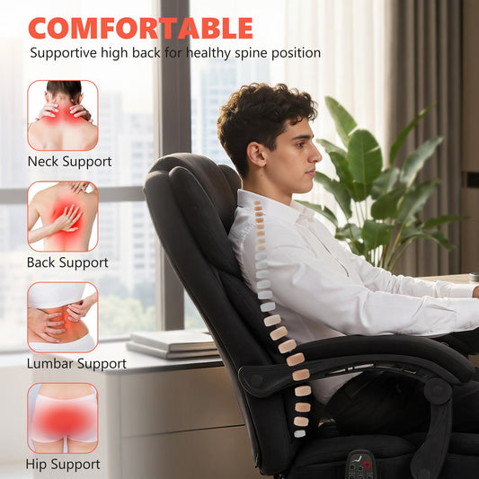 Office Chair with 6-point Vibration Massage and Heat, Velvet-feel Fabric Desk Chair with Footrest, Linkage Armrests, High Back, Adjustable Height, 135° Reclining for Home Office, Black