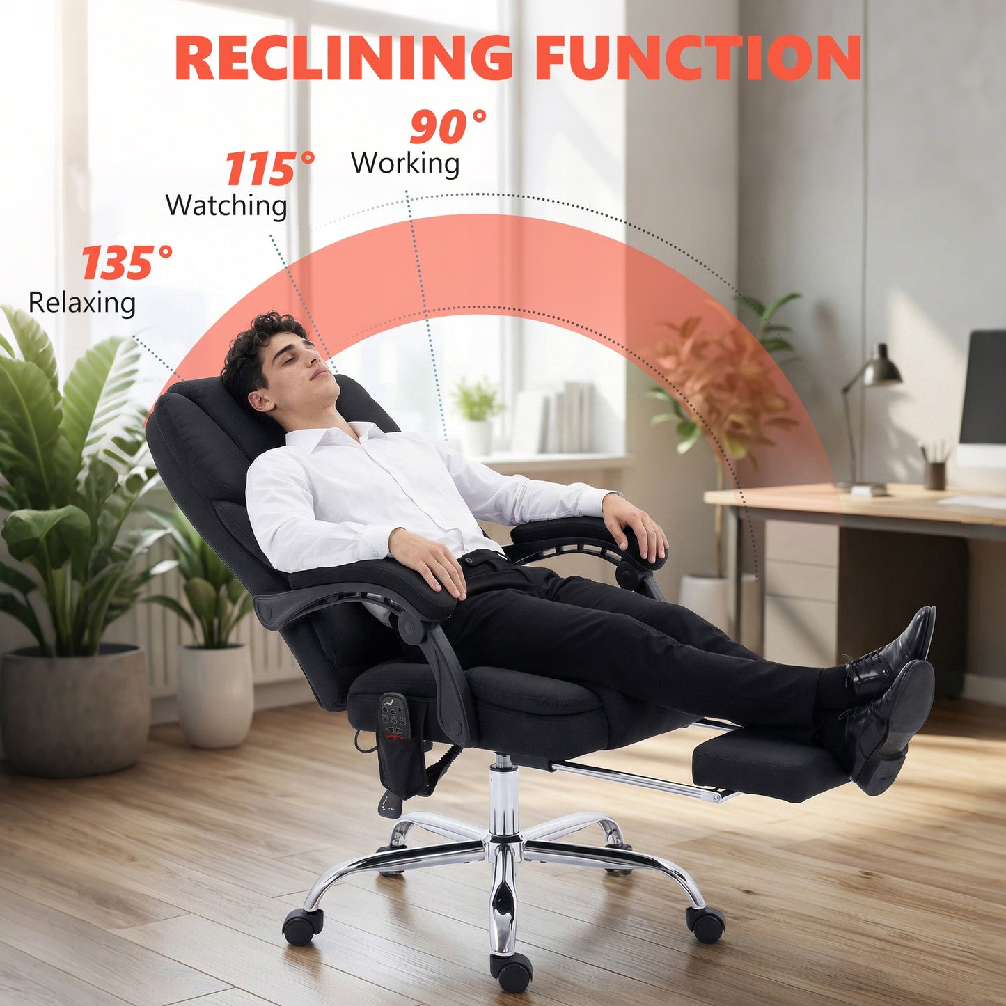Office Chair with 6-point Vibration Massage and Heat, Velvet-feel Fabric Desk Chair with Footrest, Linkage Armrests, High Back, Adjustable Height, 135° Reclining for Home Office, Black