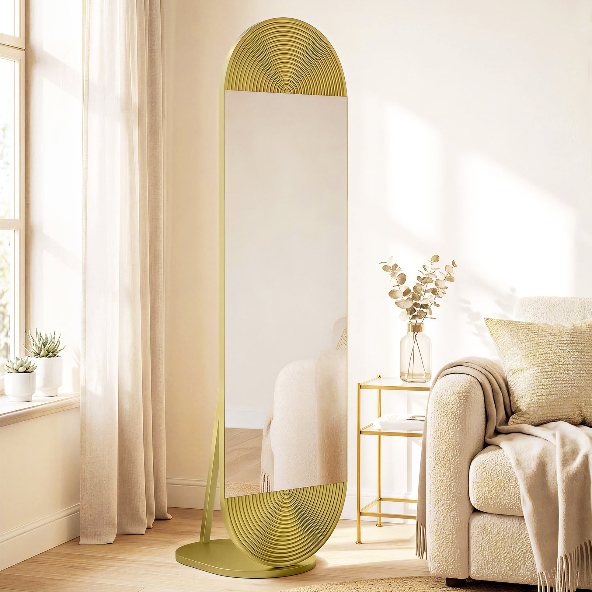 Wavy Full Length Mirror, 50 x 161 cm Free Standing Mirror with Metal Frame and Solid Base, for Bedroom, Living Room, Gold Tone
