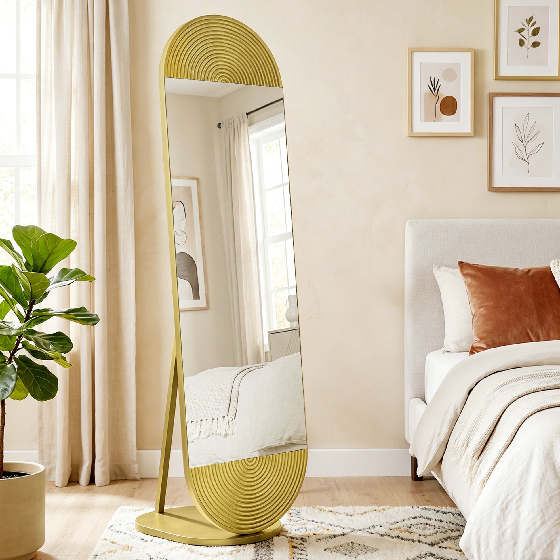 Wavy Full Length Mirror, 50 x 161 cm Free Standing Mirror with Metal Frame and Solid Base, for Bedroom, Living Room, Gold Tone