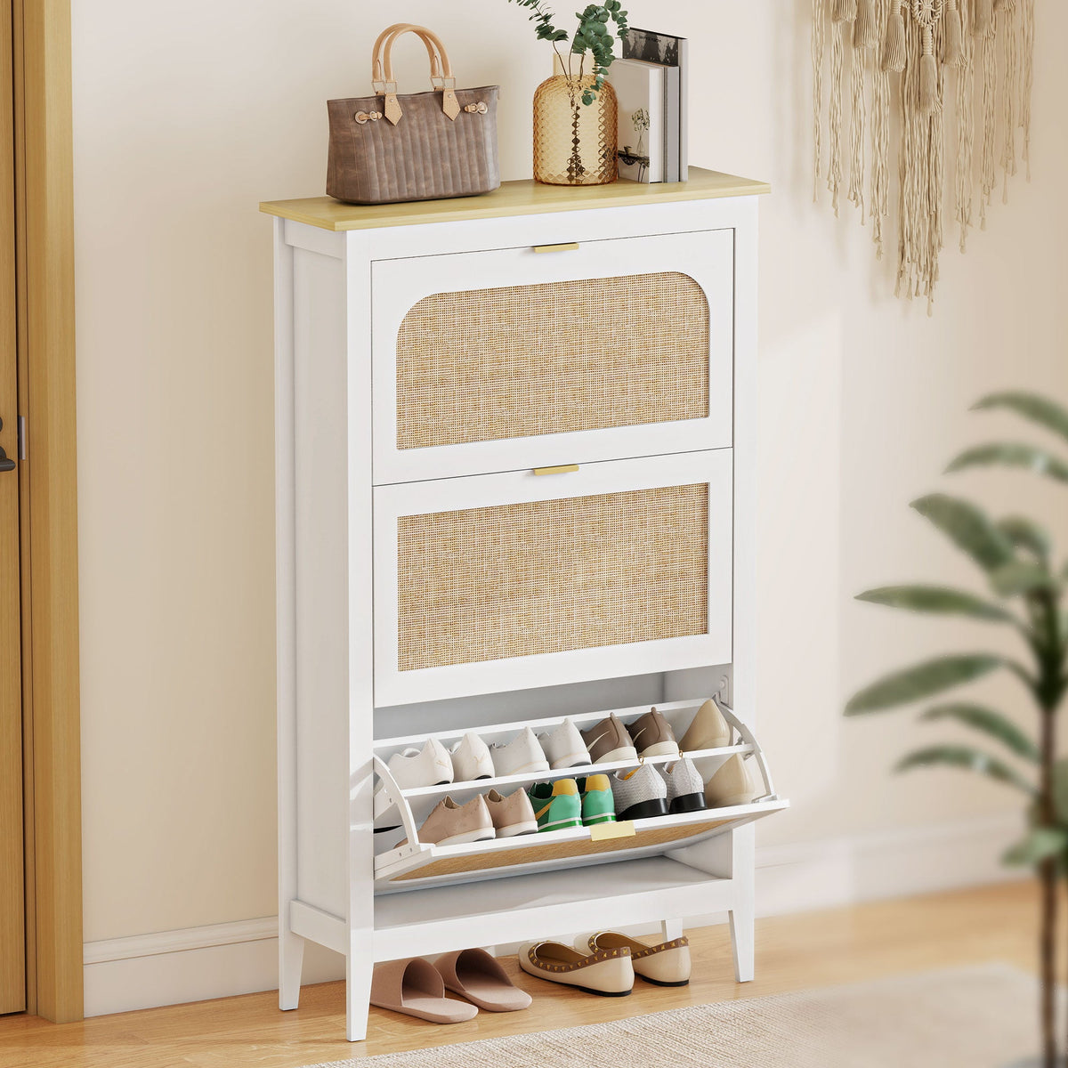 Shoe Storage Cabinet with 3 Flip Drawers, Boho Slim Shoe Cabinet with Rattan Doors for Entryway, Hallway, Holds 21 Pairs, White