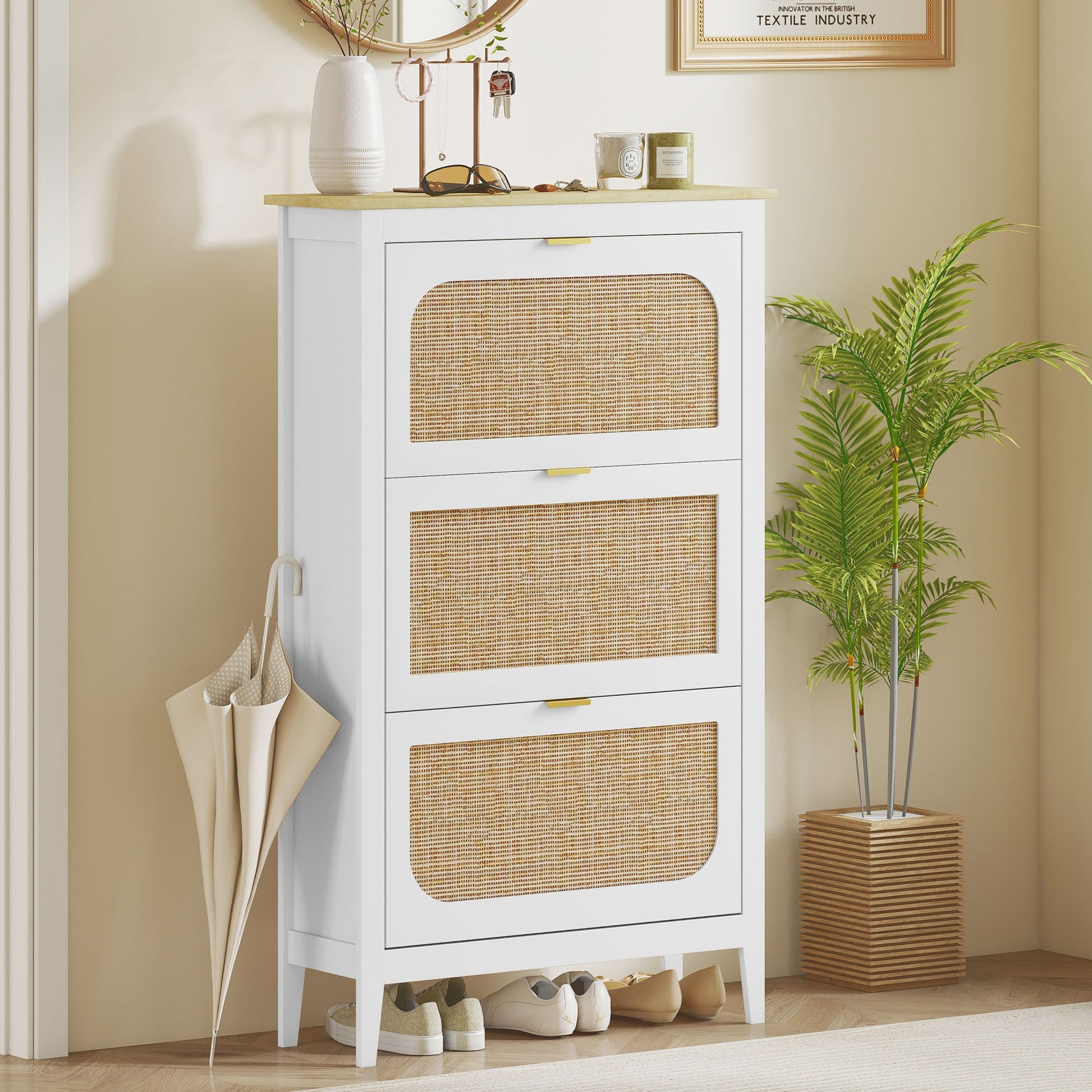 Shoe Storage Cabinet with 3 Flip Drawers, Boho Slim Shoe Cabinet with Rattan Doors for Entryway, Hallway, Holds 21 Pairs, White