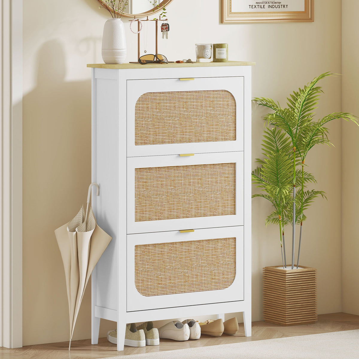 Shoe Storage Cabinet with 3 Flip Drawers, Boho Slim Shoe Cabinet with Rattan Doors for Entryway, Hallway, Holds 21 Pairs, White
