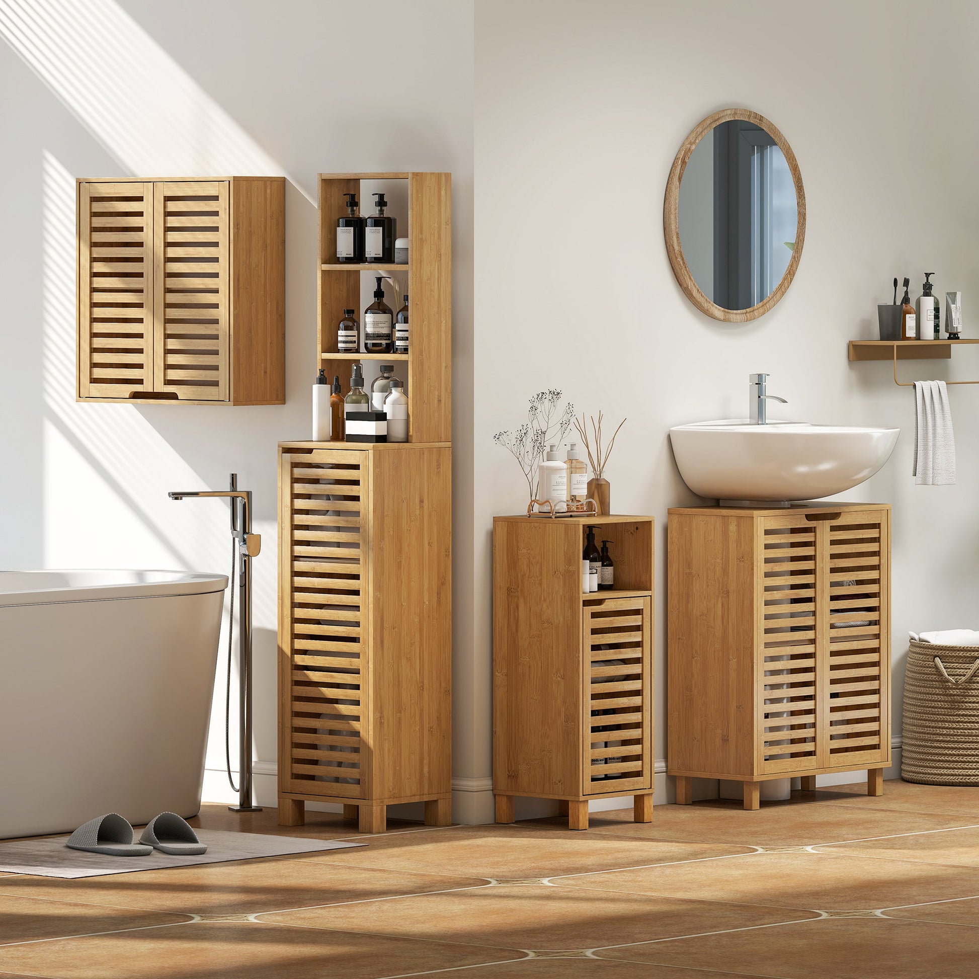Under Sink Bathroom Cabinet, Freestanding Bamboo Under Sink Cabinet with Louvered Doors and Adjustable Shelf for Basin without or with Pedestal, Natural