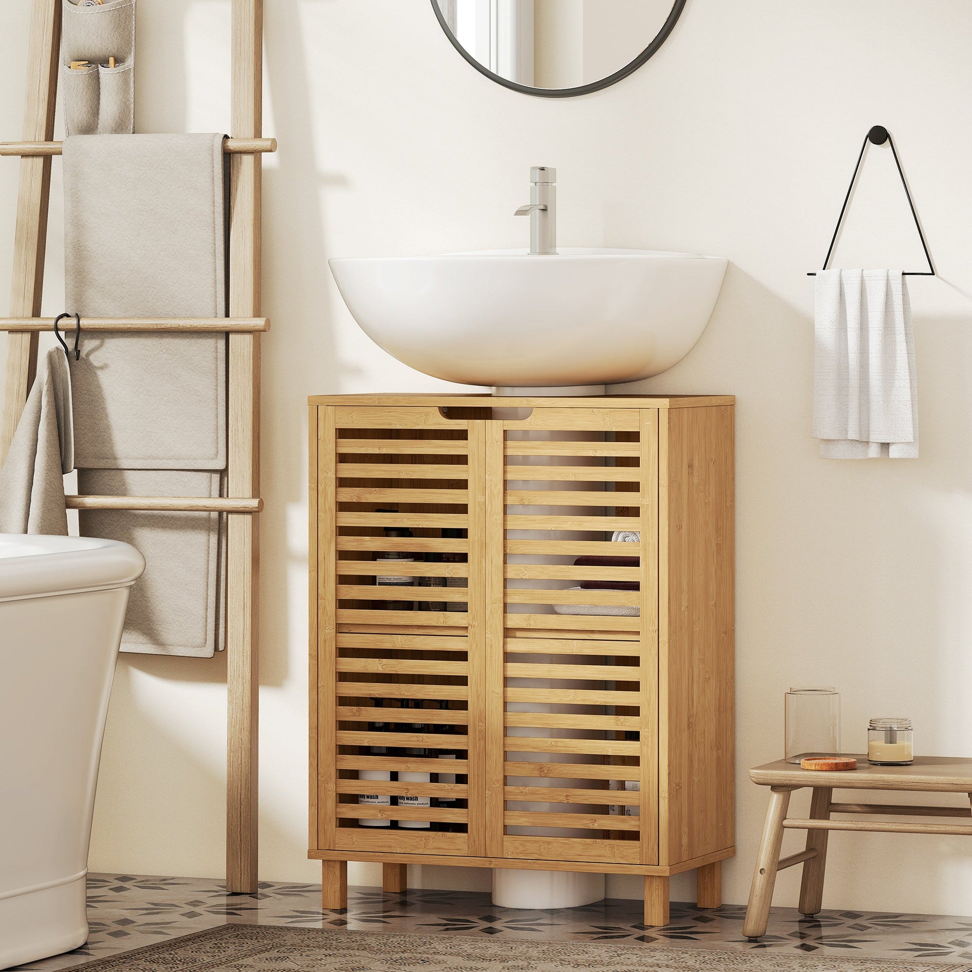 Under Sink Bathroom Cabinet, Freestanding Bamboo Under Sink Cabinet with Louvered Doors and Adjustable Shelf for Basin without or with Pedestal, Natural