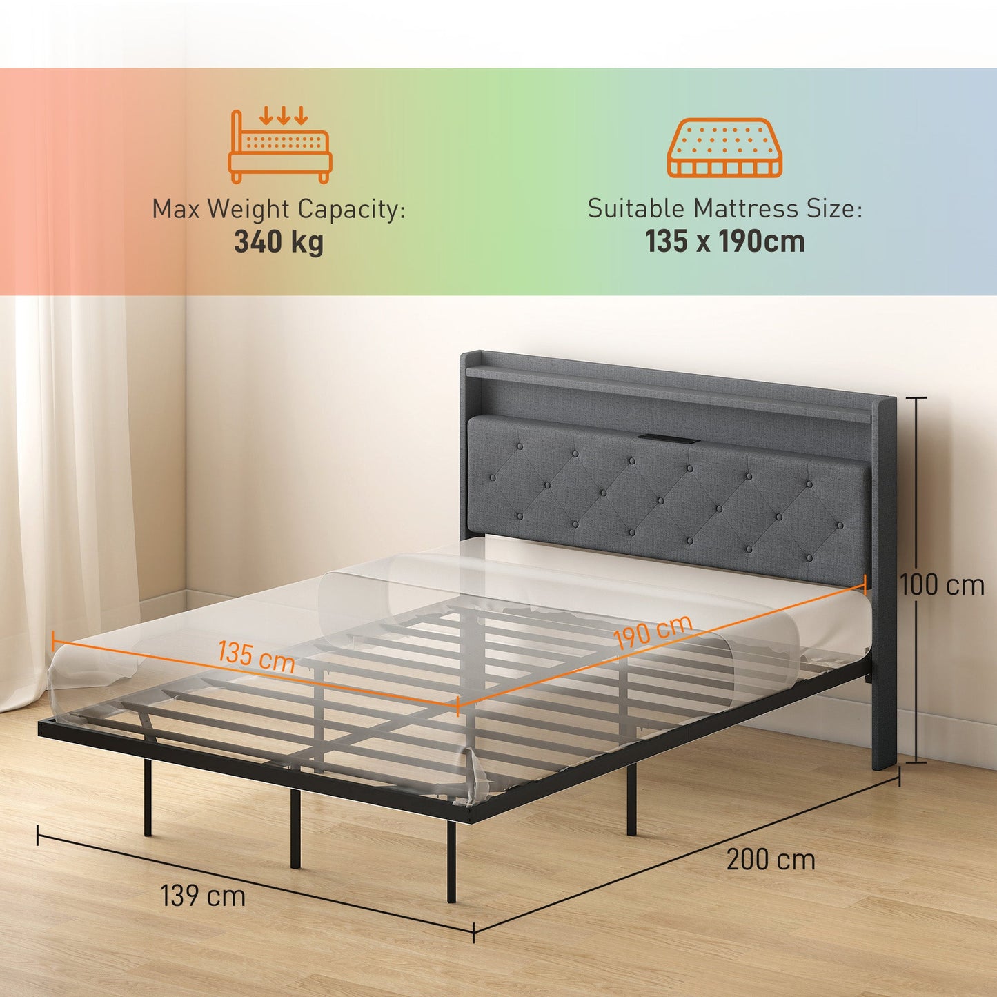 4ft6 Double Bed Frame, Floating Bed Frame with Music Sync RGB LED Lights and Charging Station, Upholstered Headboard with Storage Shelves, No Box Spring Needed, Noise Free, Grey