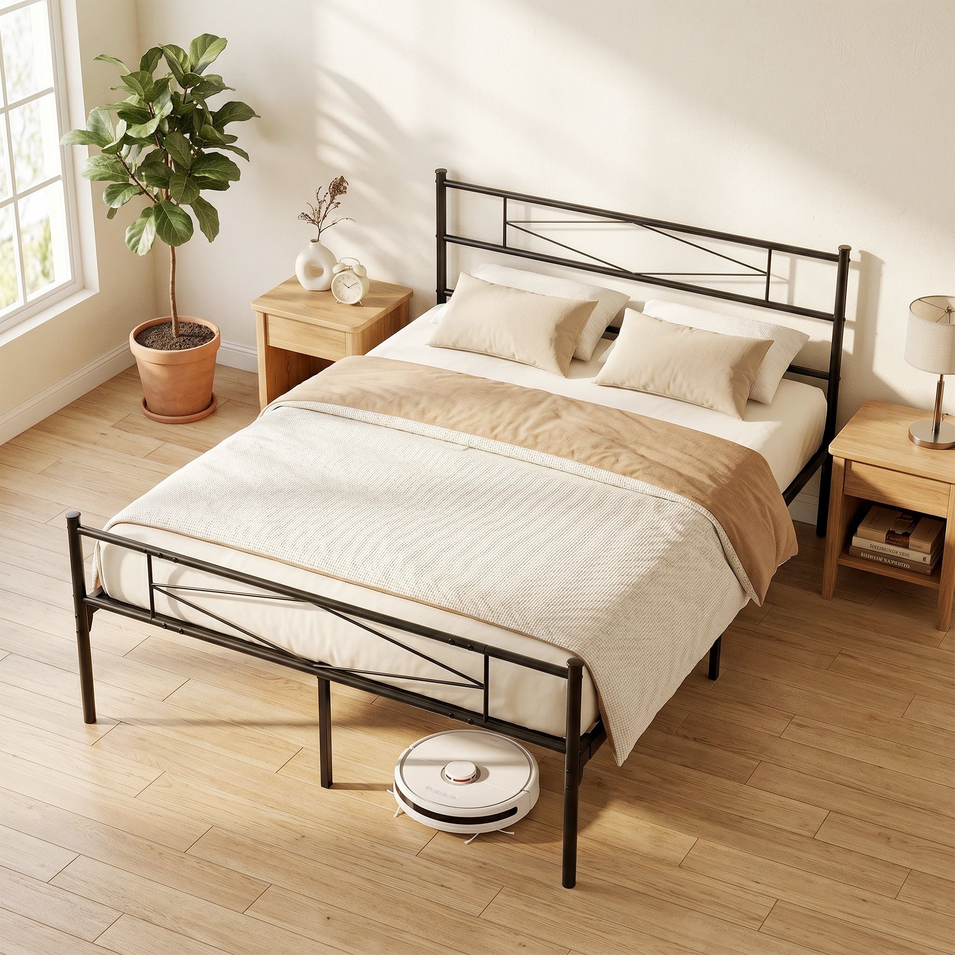 4ft6 Double Bed Frame with Headboard and Footboard, Metal Platform Bed Frame with 32 cm Underbed Storage, Steel Slat Support, Noise-Free, No Box Spring Needed, Easy Assembly, Black