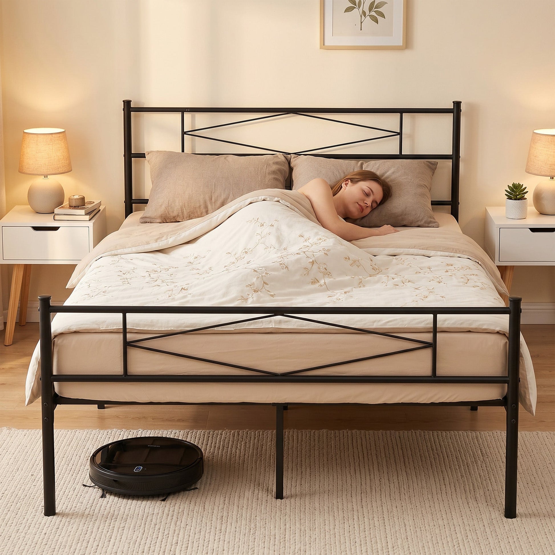 4ft6 Double Bed Frame with Headboard and Footboard, Metal Platform Bed Frame with 32 cm Underbed Storage, Steel Slat Support, Noise-Free, No Box Spring Needed, Easy Assembly, Black