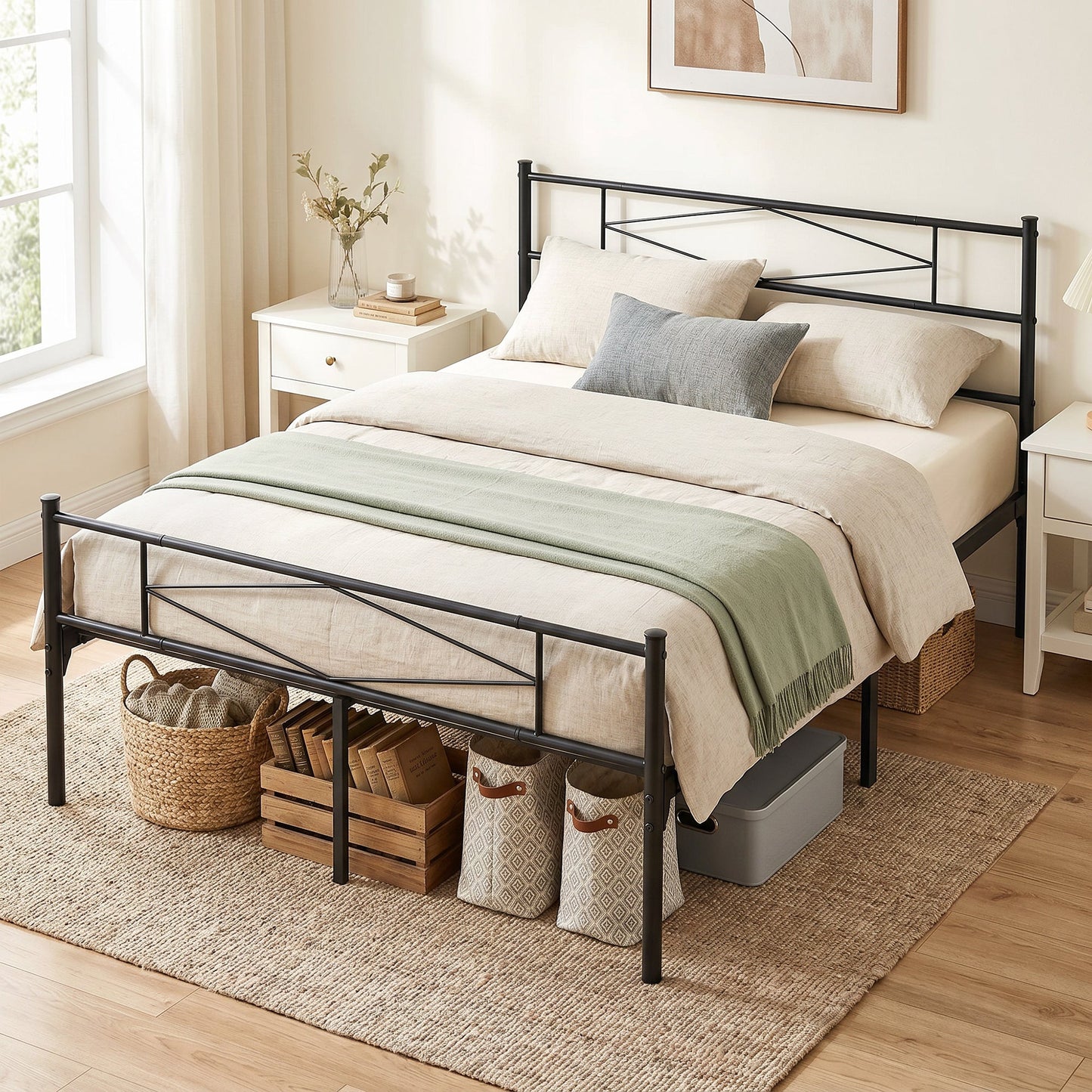 4ft6 Double Bed Frame with Headboard and Footboard, Metal Platform Bed Frame with 32 cm Underbed Storage, Steel Slat Support, Noise-Free, No Box Spring Needed, Easy Assembly, Black