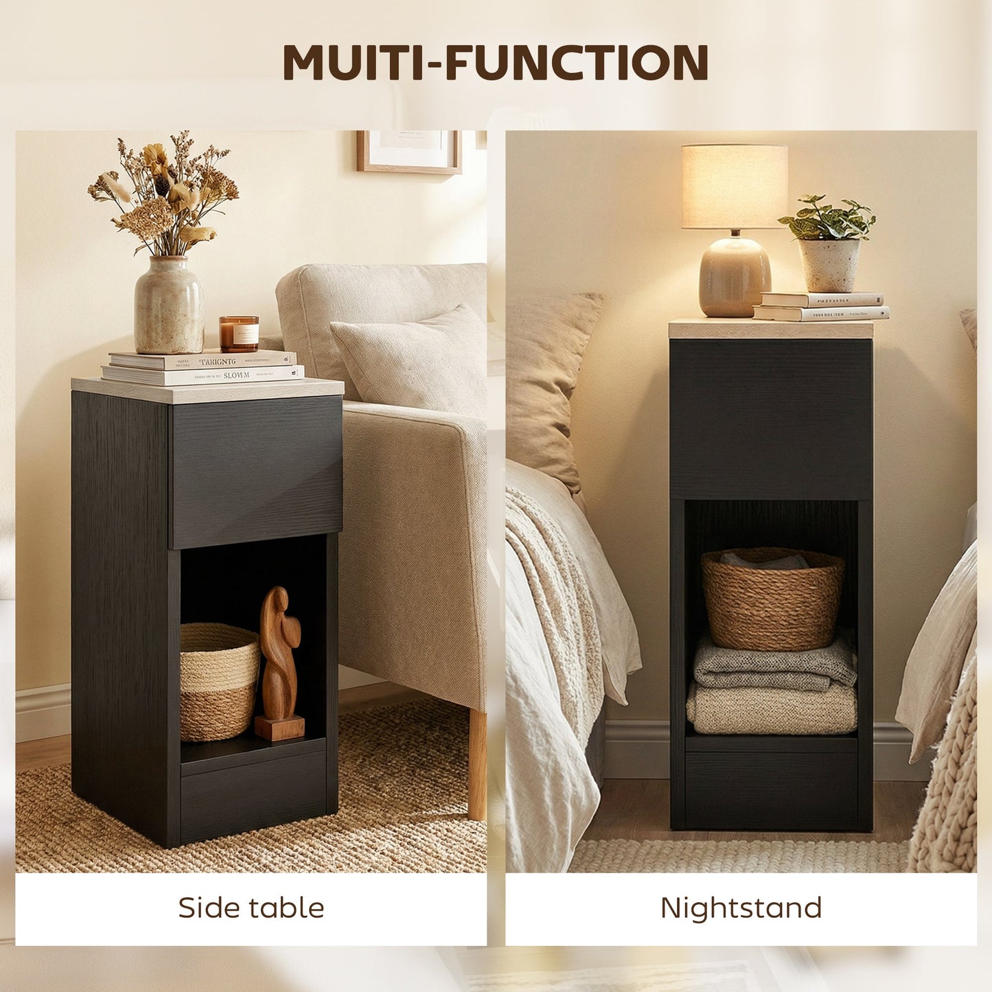 Bedside Tables Set of 2, Modern Side Tables with Drawer and Shelf, Nightstands for Bedroom, Living Room, Black