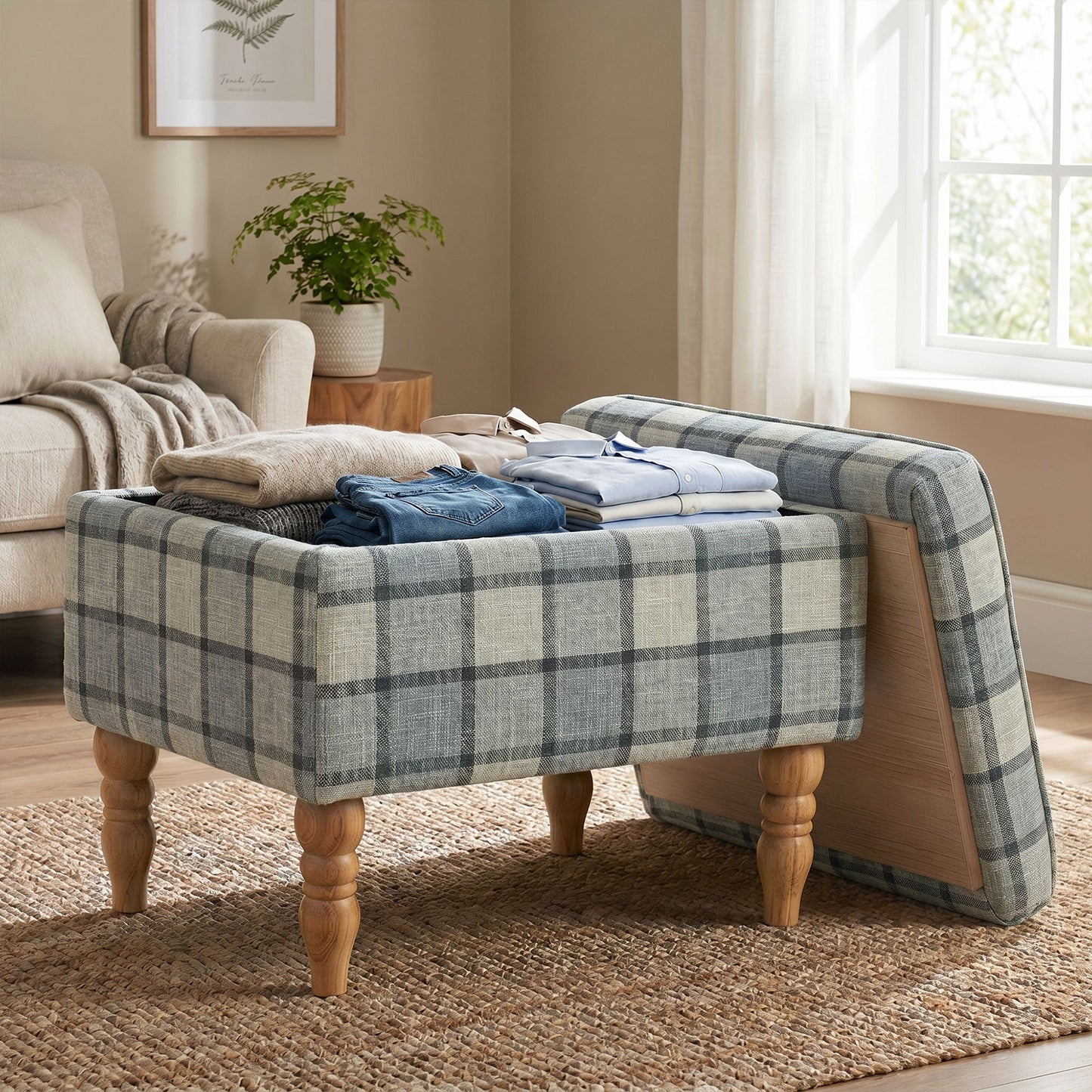 Rectangular Storage Stool, Linen-Look Fabric Upholstered Footstool with Removable Top, Padded Seat and Hidden Space for Living Room, Bedroom, Grey