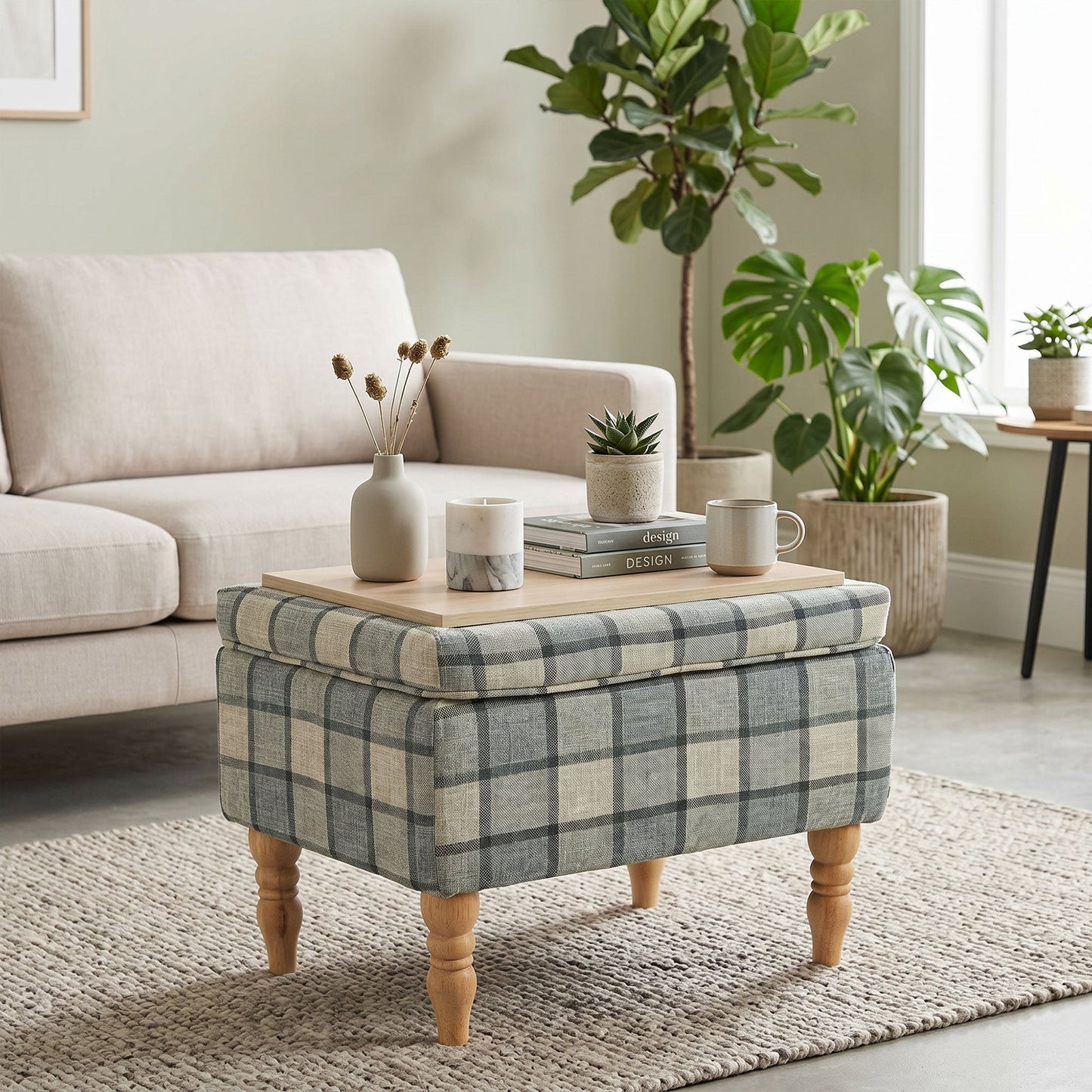 Rectangular Storage Stool, Linen-Look Fabric Upholstered Footstool with Removable Top, Padded Seat and Hidden Space for Living Room, Bedroom, Grey