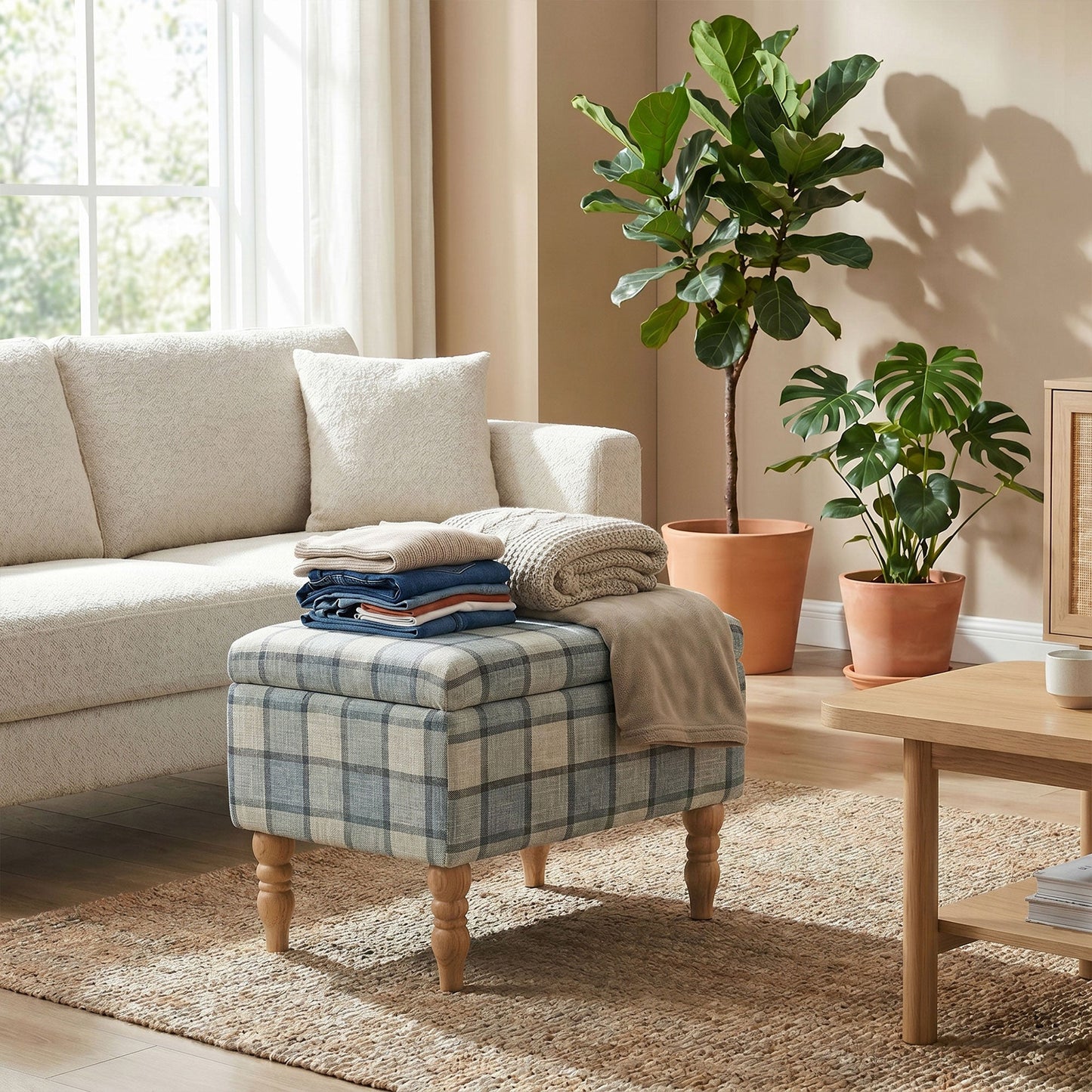 Rectangular Storage Stool, Linen-Look Fabric Upholstered Footstool with Removable Top, Padded Seat and Hidden Space for Living Room, Bedroom, Grey