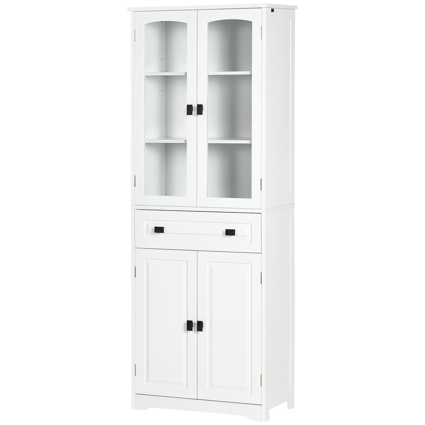 Kitchen Cupboard, Freestanding Storage Cabinet with 2 Adjustable Shelves, Drawer and Glass Door for Living Room, Dining Room, 160cm, White