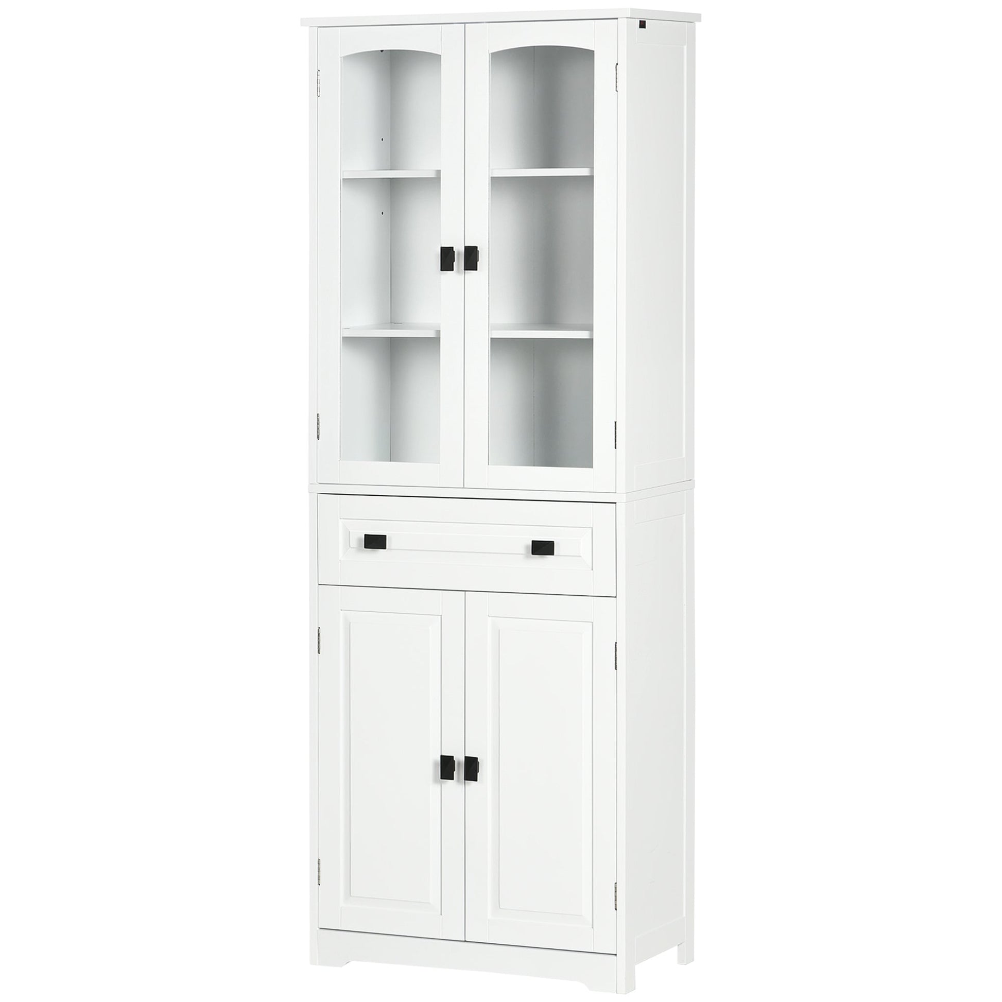 Kitchen Cupboard, Freestanding Storage Cabinet with 2 Adjustable Shelves, Drawer and Glass Door for Living Room, Dining Room, 160cm, White