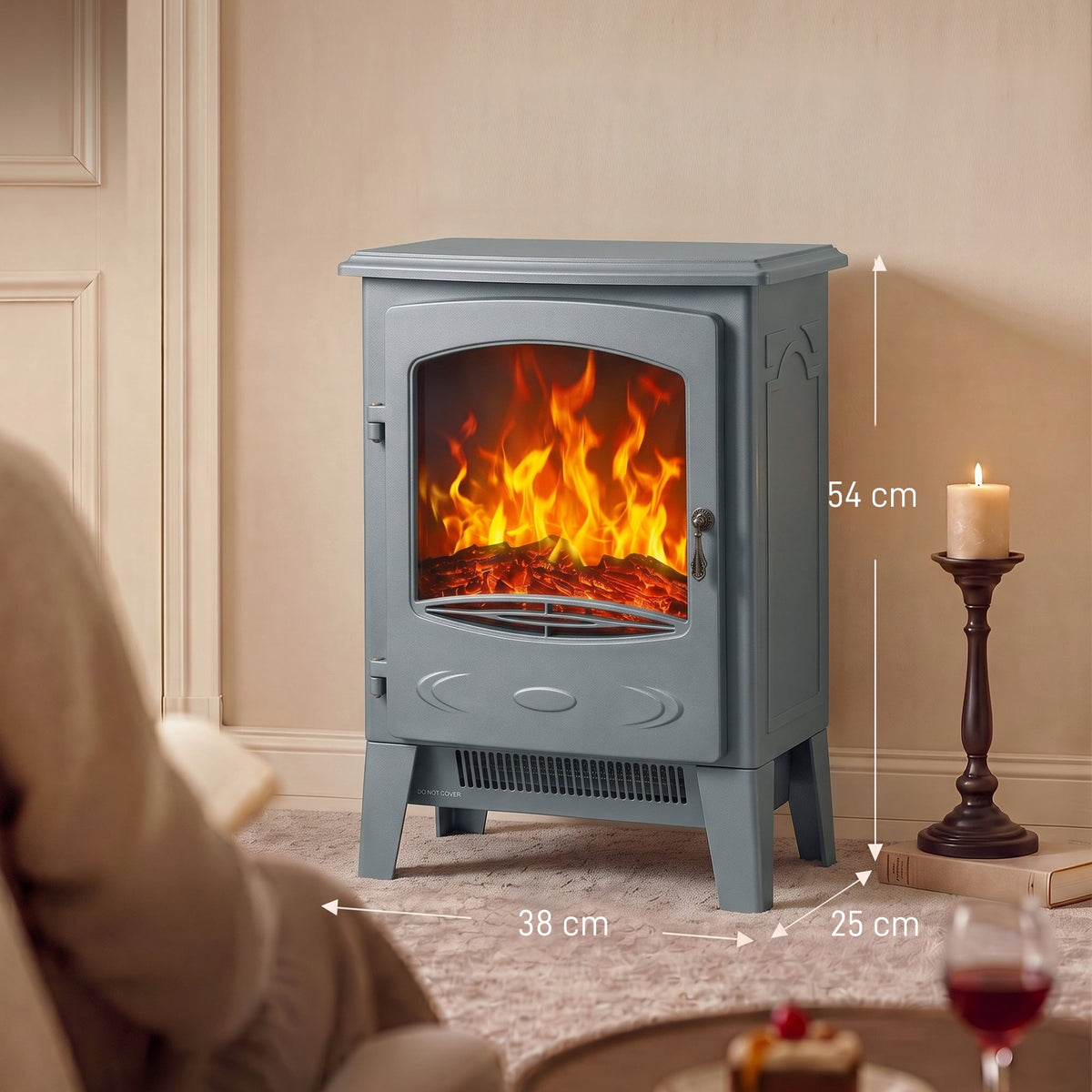 Electric Fireplace Stove, Freestanding Log Burner, 1000W/2000W, Portable Electric Fire Fan Heater with LED Flame Effect, Adjustable Thermostat, Tempered Glass, Overheat Protection， Grey