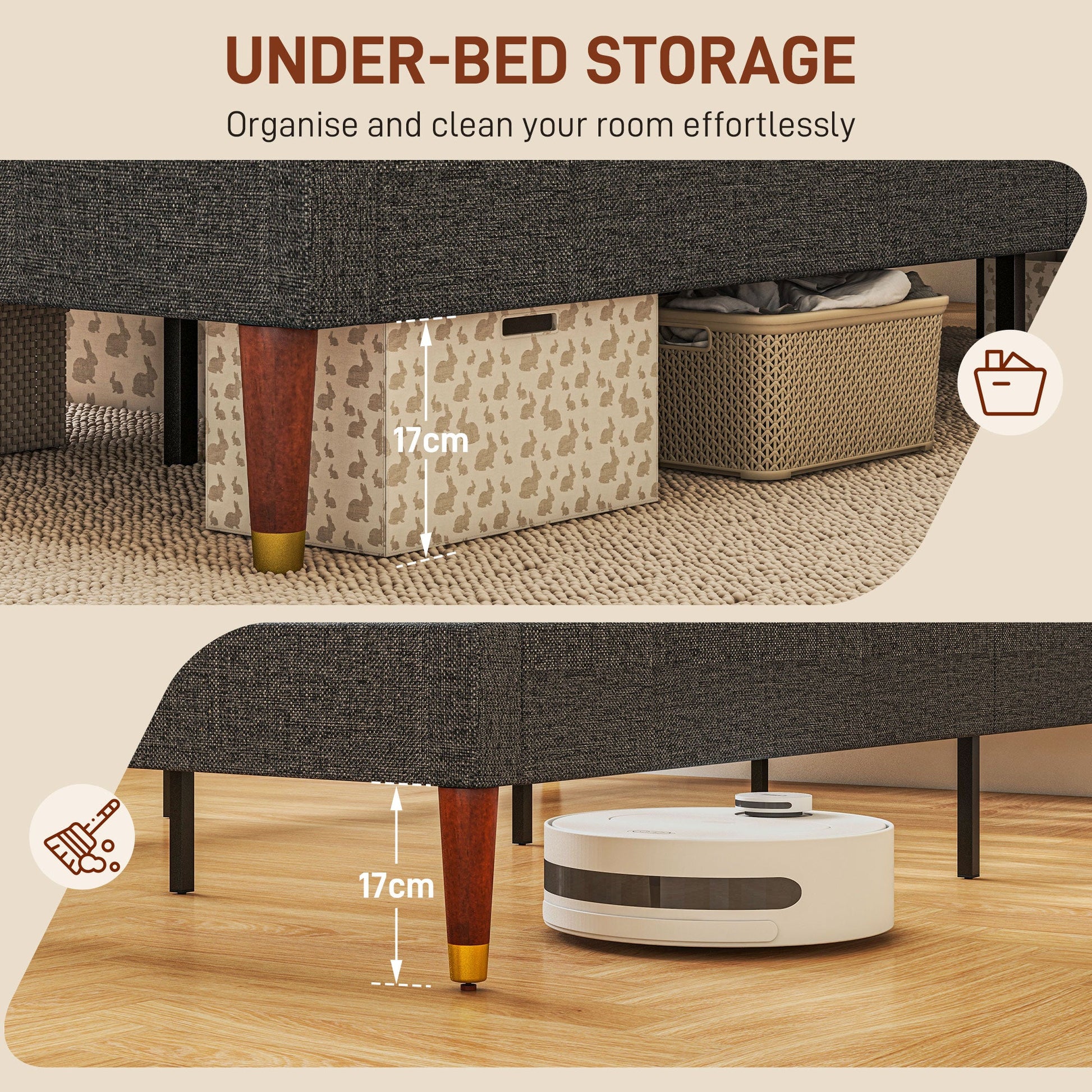 HOMCOM 3ft Single Bed Frame with Underbed Storage, Upholstered Platform Bed Frame with Tufted Headboard and Wood Slat Support, No Box Spring Needed, Easy Assembly, Grey